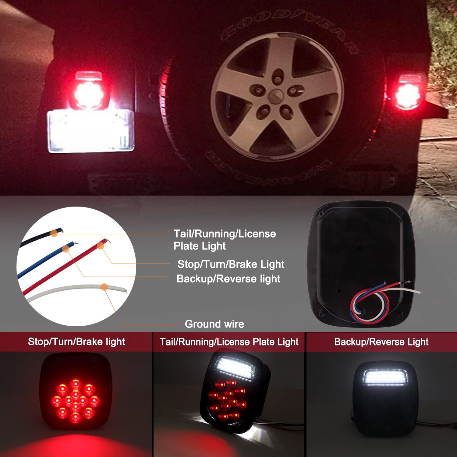 2Pcs Smoked Universal Rear Square Combination 39 Led Signal Tail Lights W/License Plate And Backup Reverse Lights Flatbed Trucks