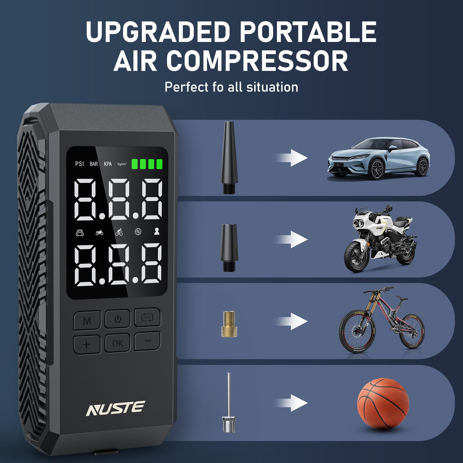 Nuste Tire Inflator Portable Air Compressor, Air Pump For Car Tires With Digital Pressure Gauge, 150Psi Rechargeable Battery, Le