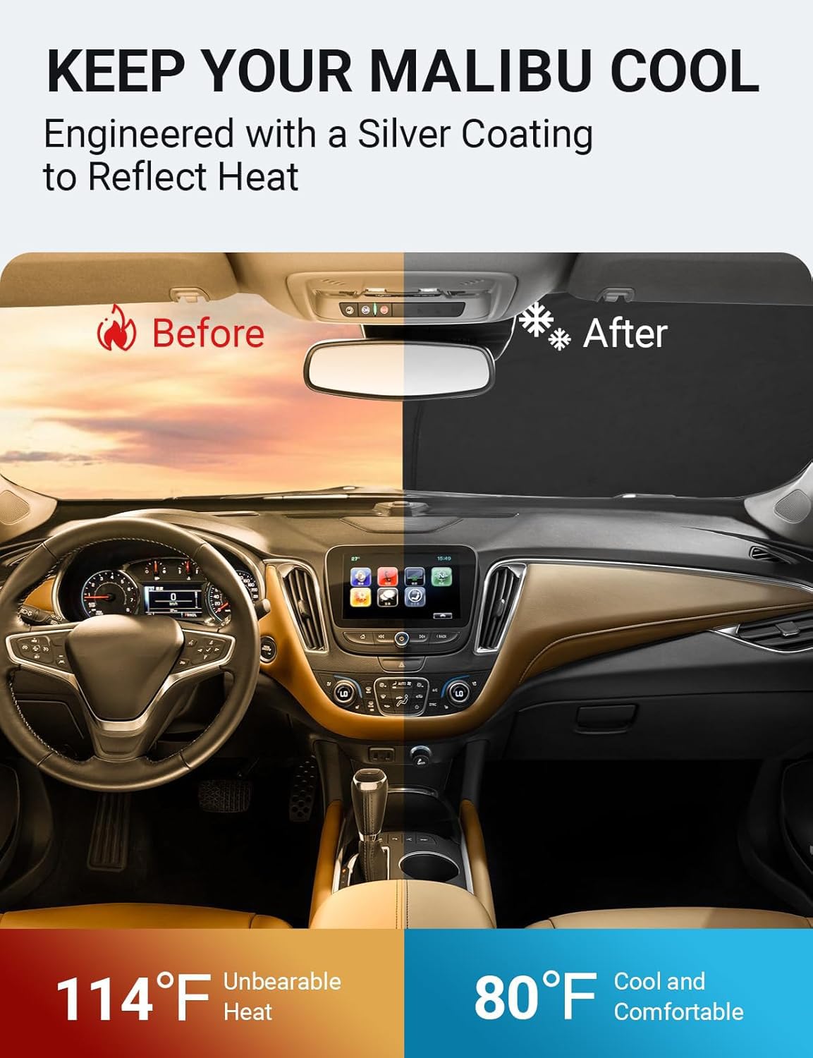 Proadsy 2025 Upgrade Windshield Sun Shade Custom Fit Chevrolet Malibu 2016-2024 2025 4-Layer Foldable Front Sunshade Protector S