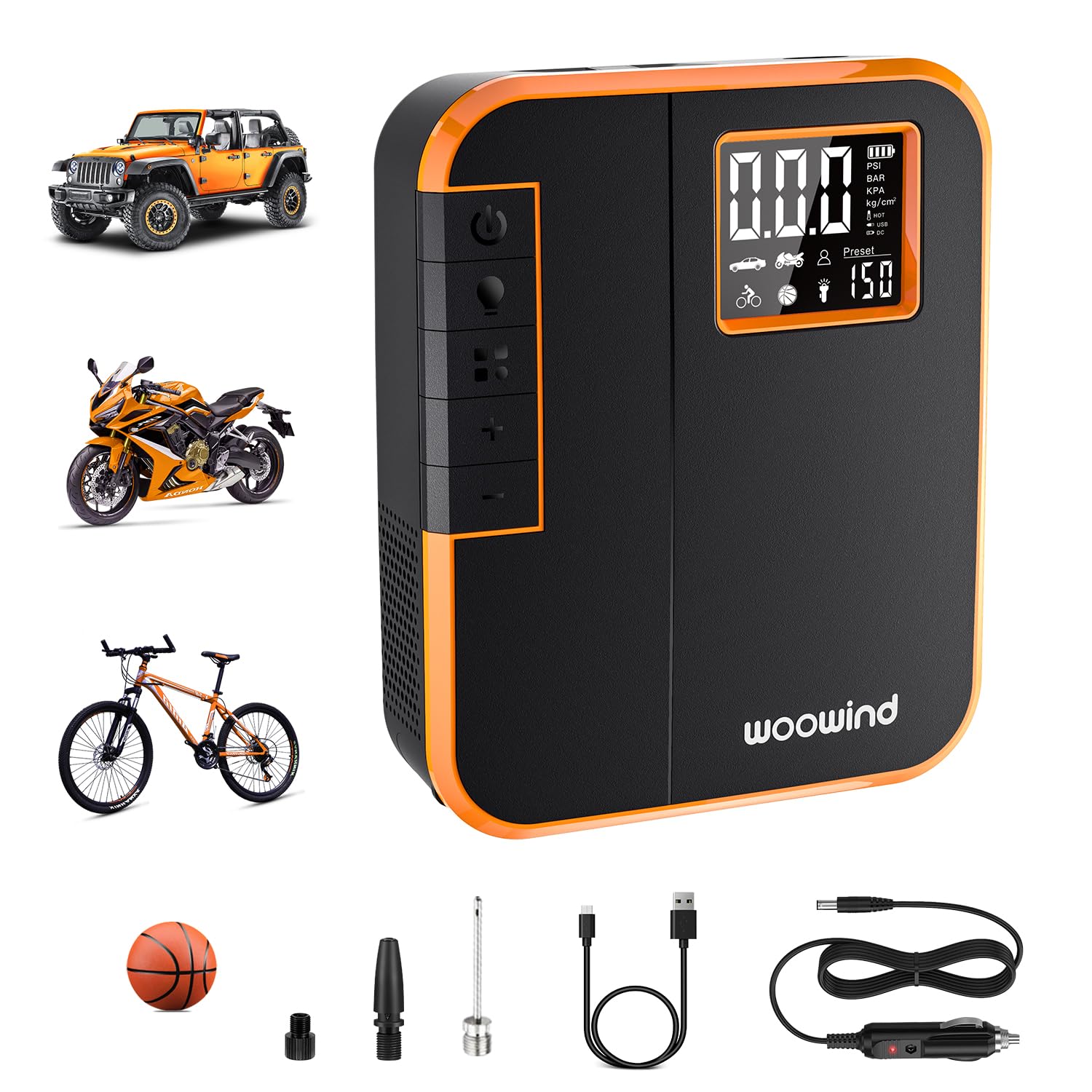 Woowind SUV Tire Inflator DP3-O - 150PSI Portable Air Compressor, Dp3-orange, Auto Stop & Quick Inflation Features