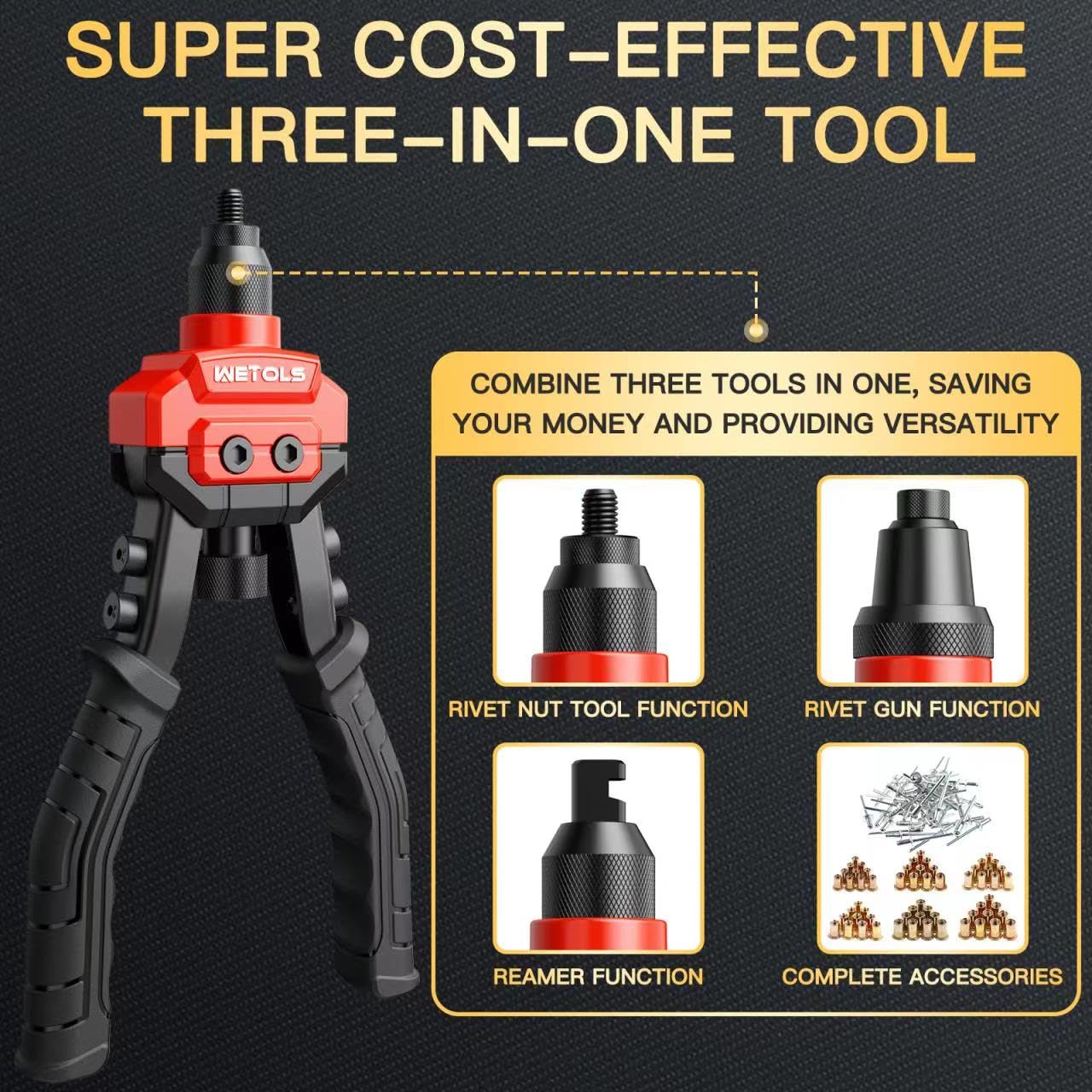 Wetols 3 In 1 Rivet Nut Tool, Rivet Gun, Reamer Set, Professional Rivet Gun Kit With 5 Rivet Heads And 6 Metric & Sae Mandrels,
