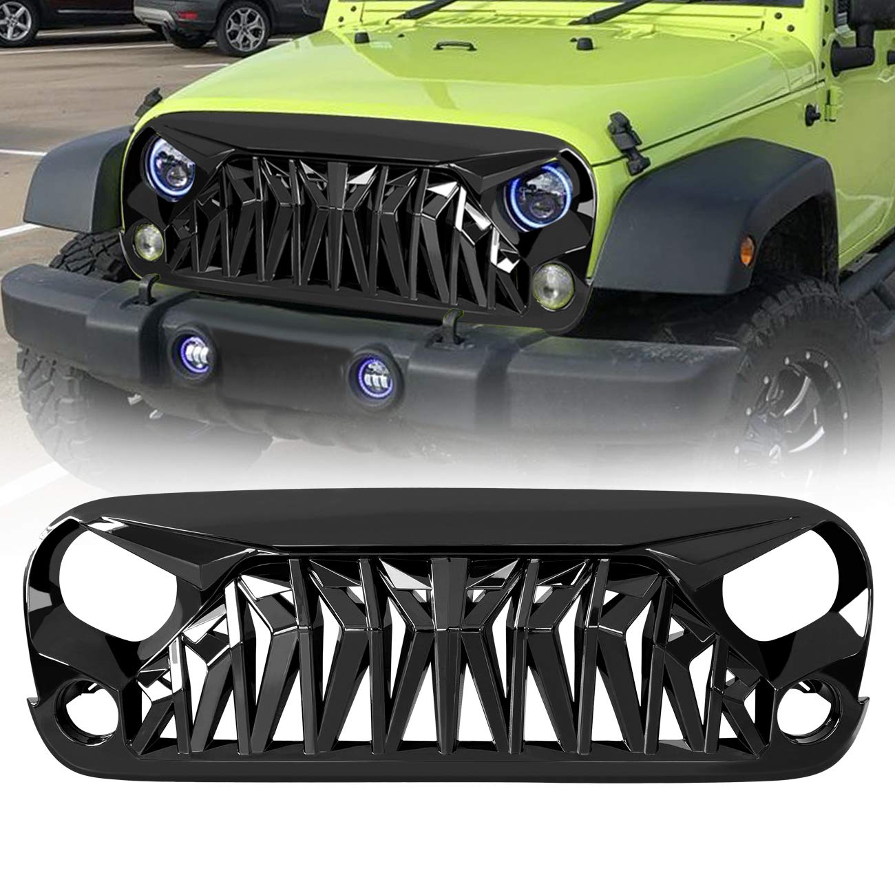 Icars Glossy Black Shark Grill Front Cover For 2007-2018 Jeep Wrangler Jk Jku Accessories & Unlimited, Abs
