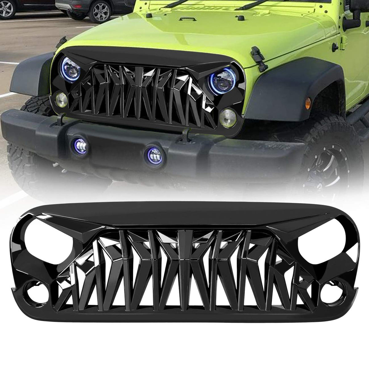Icars Glossy Black Shark Grill Front Cover For 2007-2018 Jeep Wrangler Jk Jku Accessories & Unlimited, Abs