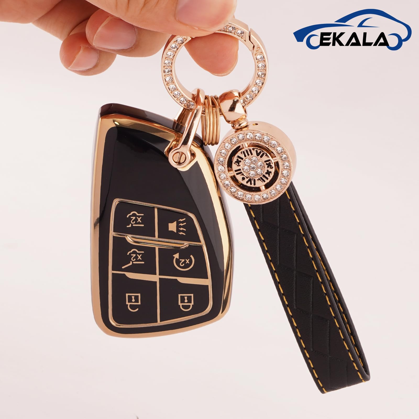 EKALA for Chevy Key Fob Cover with Leather Keychain 6 Buttons Soft TPU Car Keys Shells Compatible with 2021 2022 Chevy Suburban