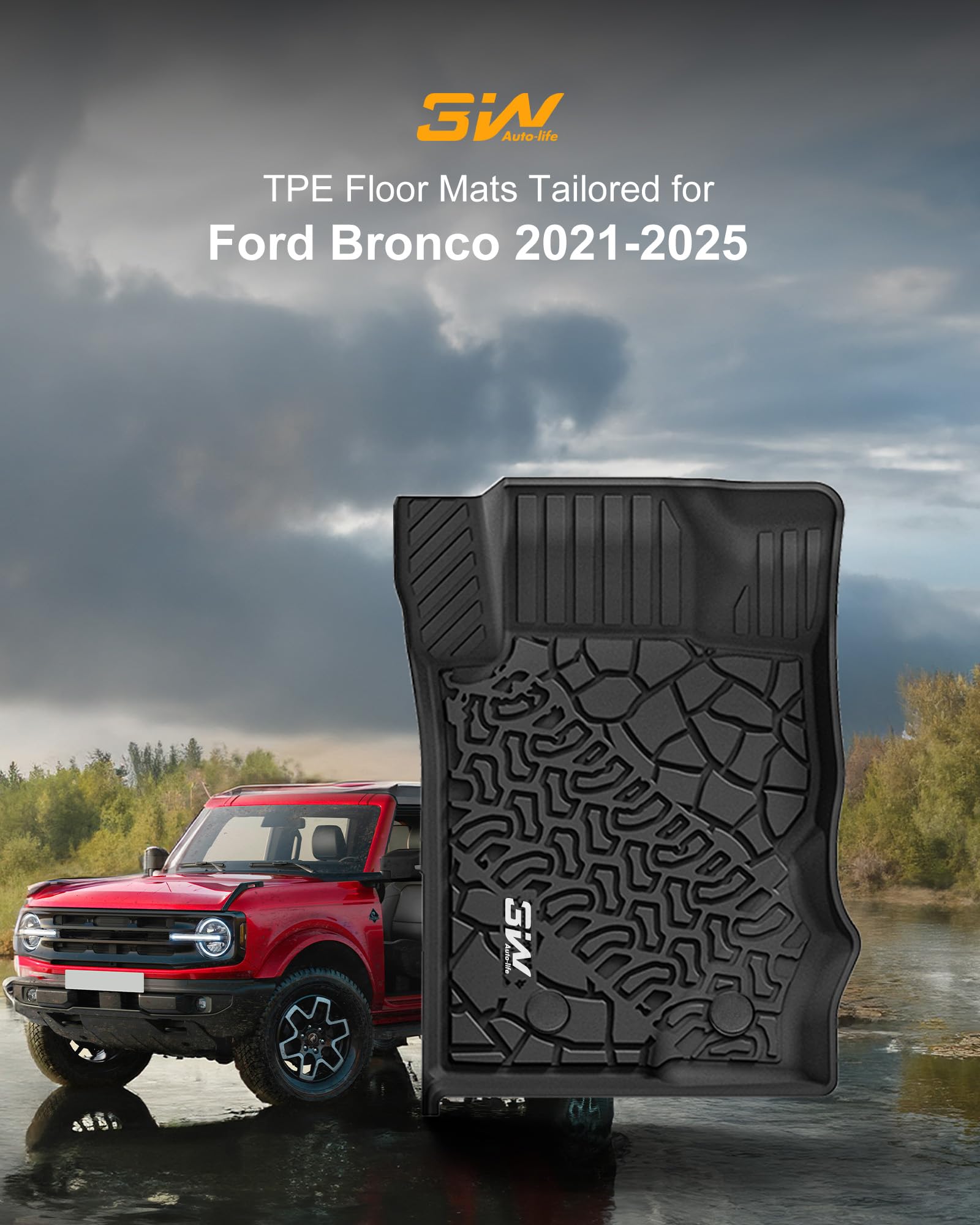3W Floor Mats & Cargo Liner Fit For 2021-2024 2025 Ford Bronco 4 Door, Tpe All Weather Custom Fit Floor Liner 1St 2Nd Row And Fu