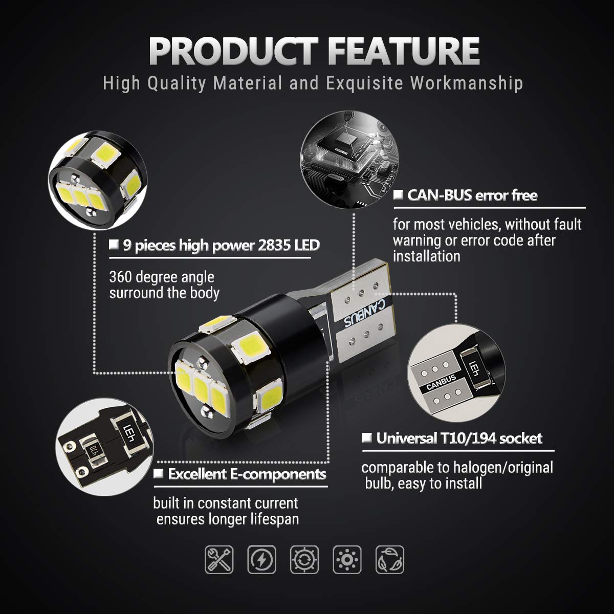 Antline 194 168 2825 W5W T10 Led Bulbs Xenon White, Ultra Bright Error Free 9-Smd 2835 Chipsets 6000K Replacement For Car Interior Dome Map Door Courtesy License Plate Lights (Pack Of 10)