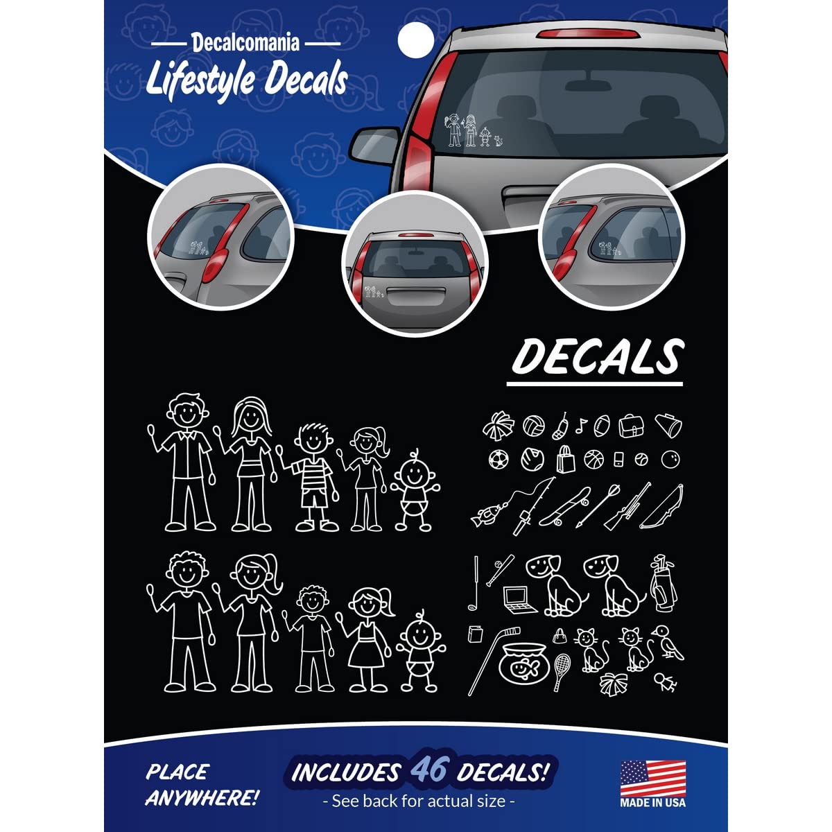 White Line Stick Figure Family Car Stickers Diy Kit - Includes 46 Decals Mom Dad Boy Girl Baby Cat Dog Fish Accessories