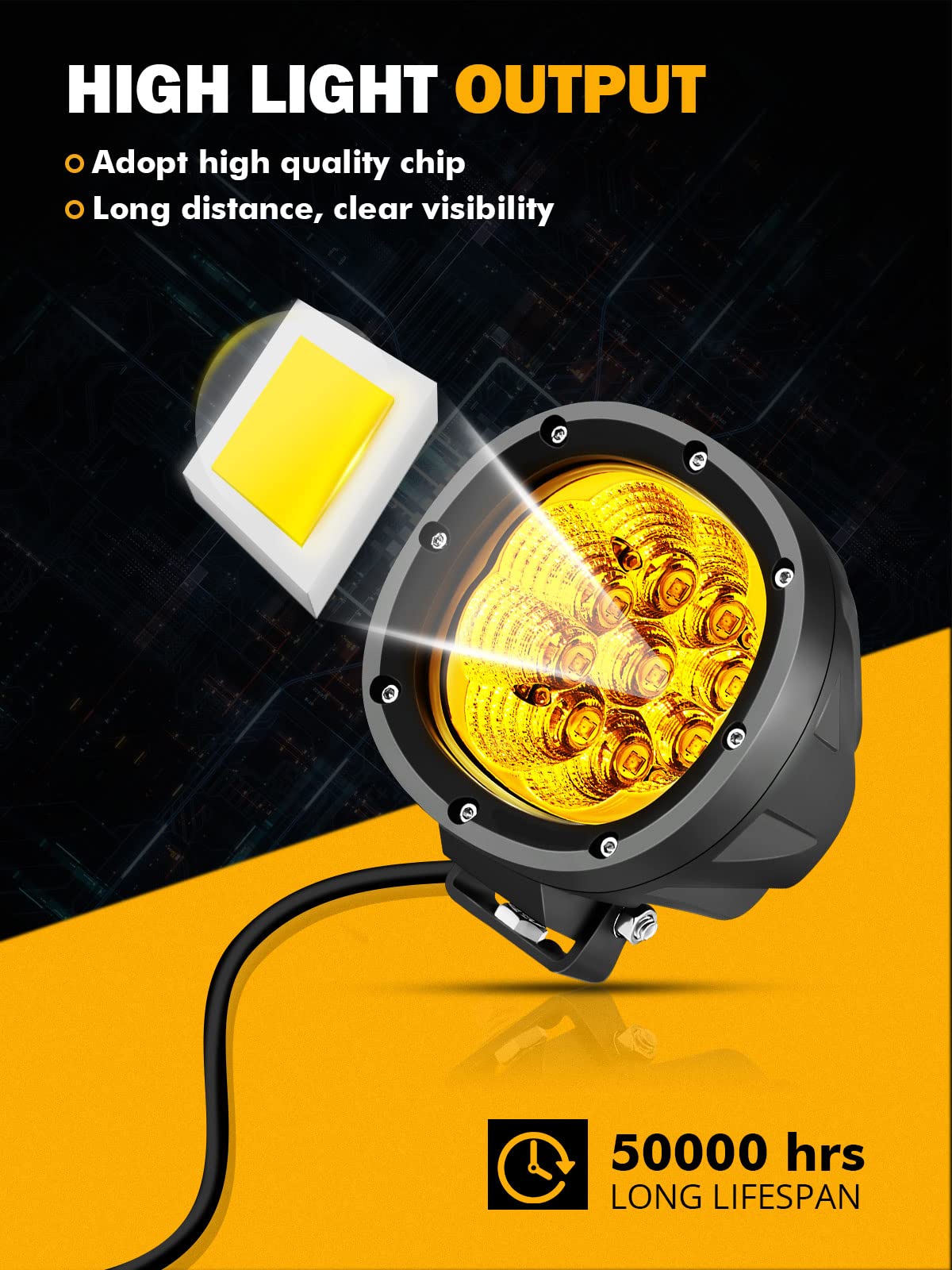 Auxbeam 4 Inch Amber Round Led Driving Light, 2Pcs 90W 9000Lm Yellow Fog Pods Light Bar Off-Road Flood Work Energy-Efficient Lig