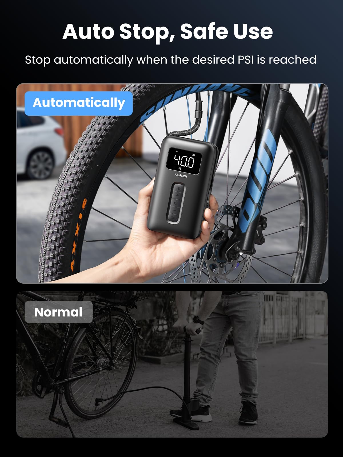 Ugreen Tire Inflator Portable Air Compressor 150Psi Air Pump With Battery Led Light Cordless Tire Pump For Cars Bikes Motorcycle