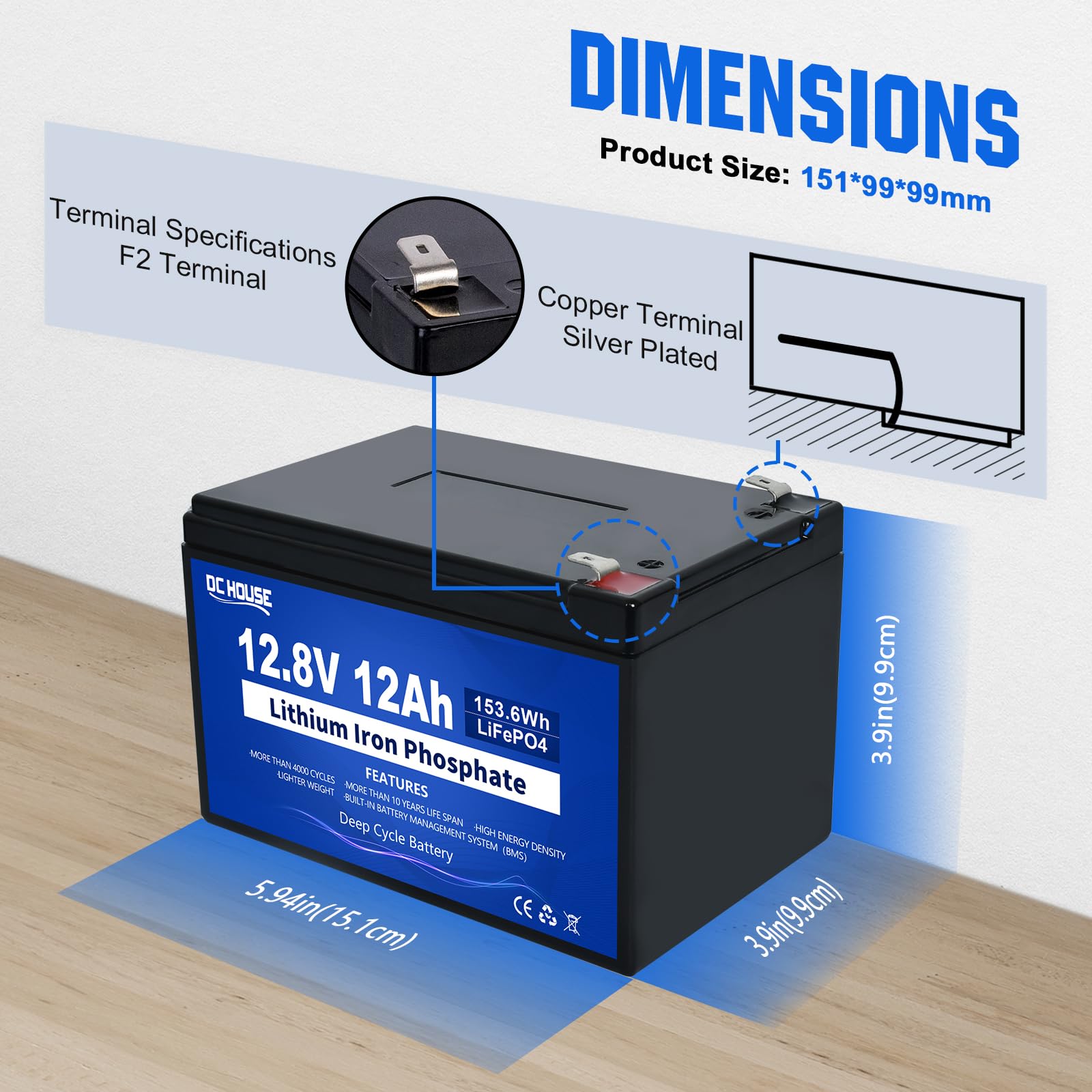 DC HOUSE 12V 12Ah LiFePO4 Lithium Battery with 15A BMS for Marine & Mobility Scooters - 10 Year Lifespan, 10000+ Cycles