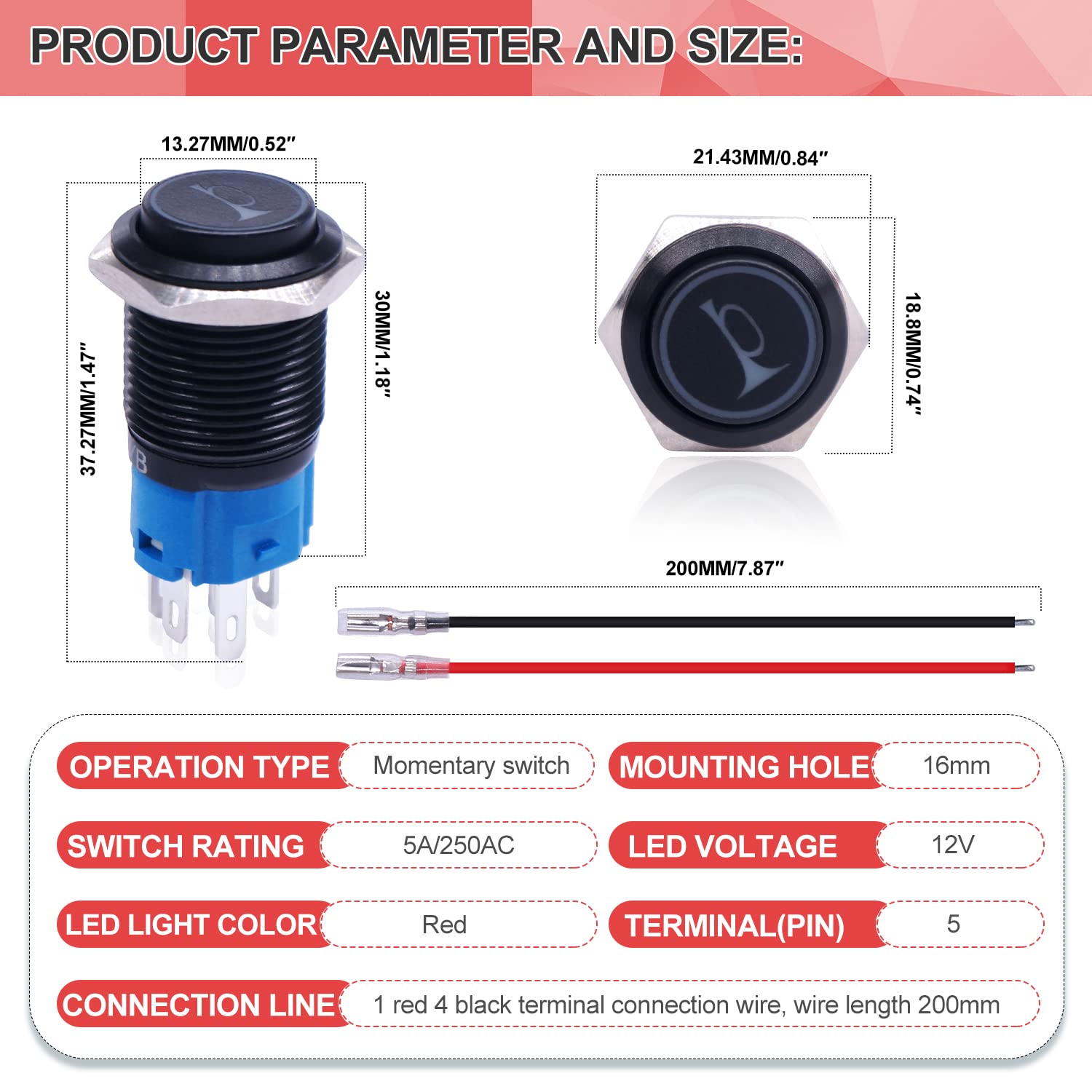 Twidec/16Mm Raised Speaker Horn Momentary Push Button Switch 5/8'' Mounting Hole 12V Red Led Light Black Stainless Steel Shell 1