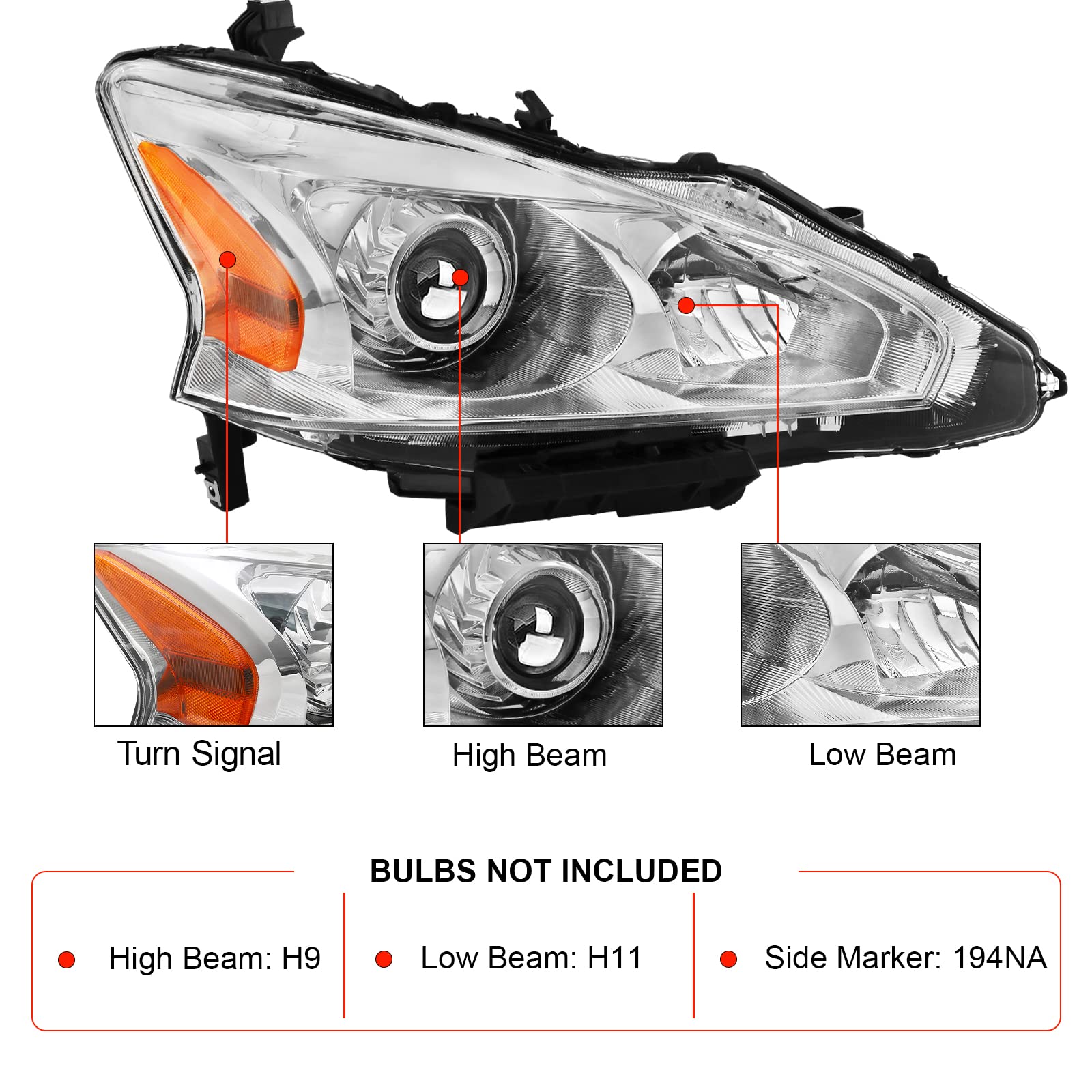 Alziria Headlight Assembly Compatible With 2013-2015 Nissan Altima S/Sl/Sv-Only Fit 4Door (Chrome Housing Amber Reflector)