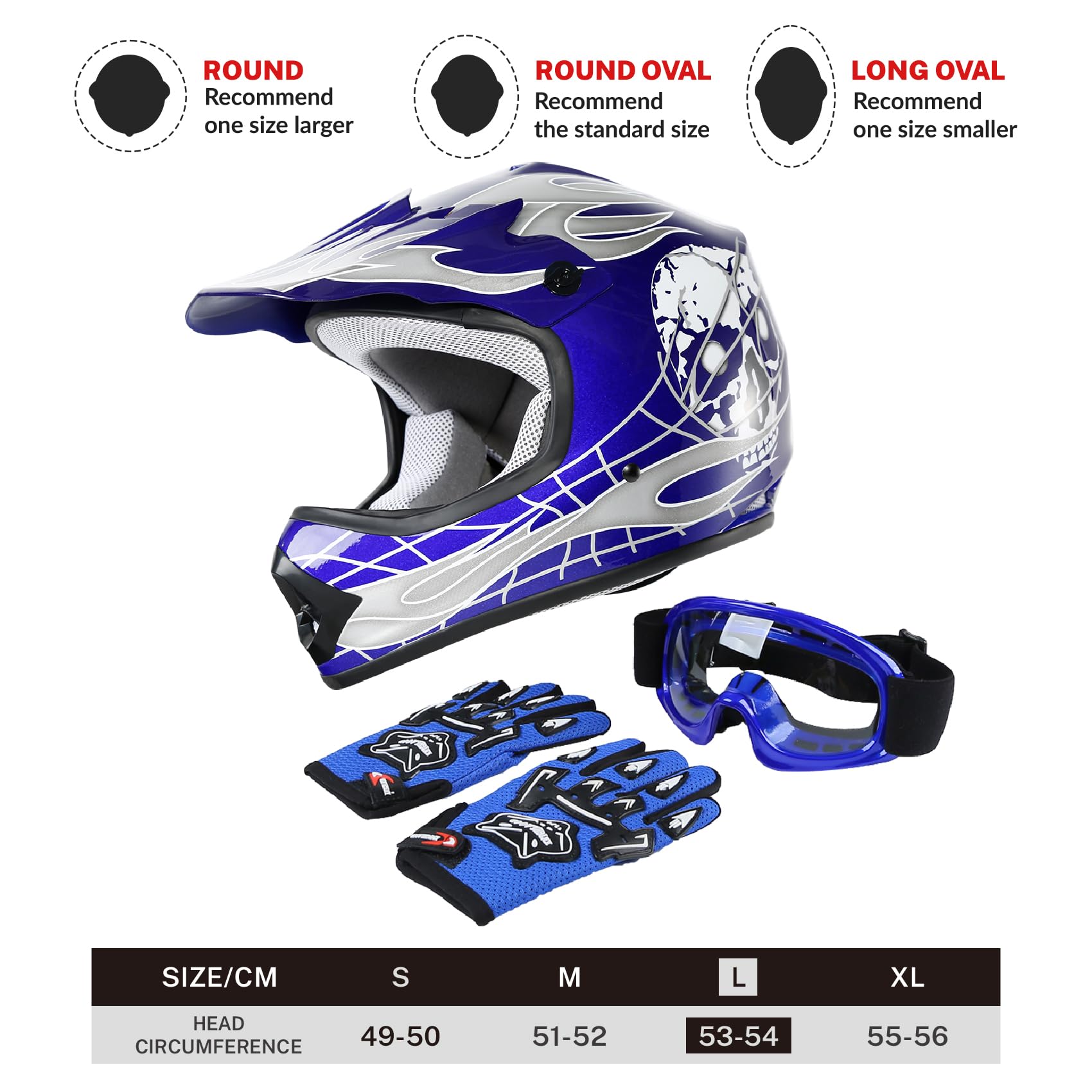 Tct-Motorparts Dot Youth Kids Motocross Atv Helmets Offroad Street Dirt Bike Go-Kart Bmx Mx Full Face Helmet Blue Skull Large Si