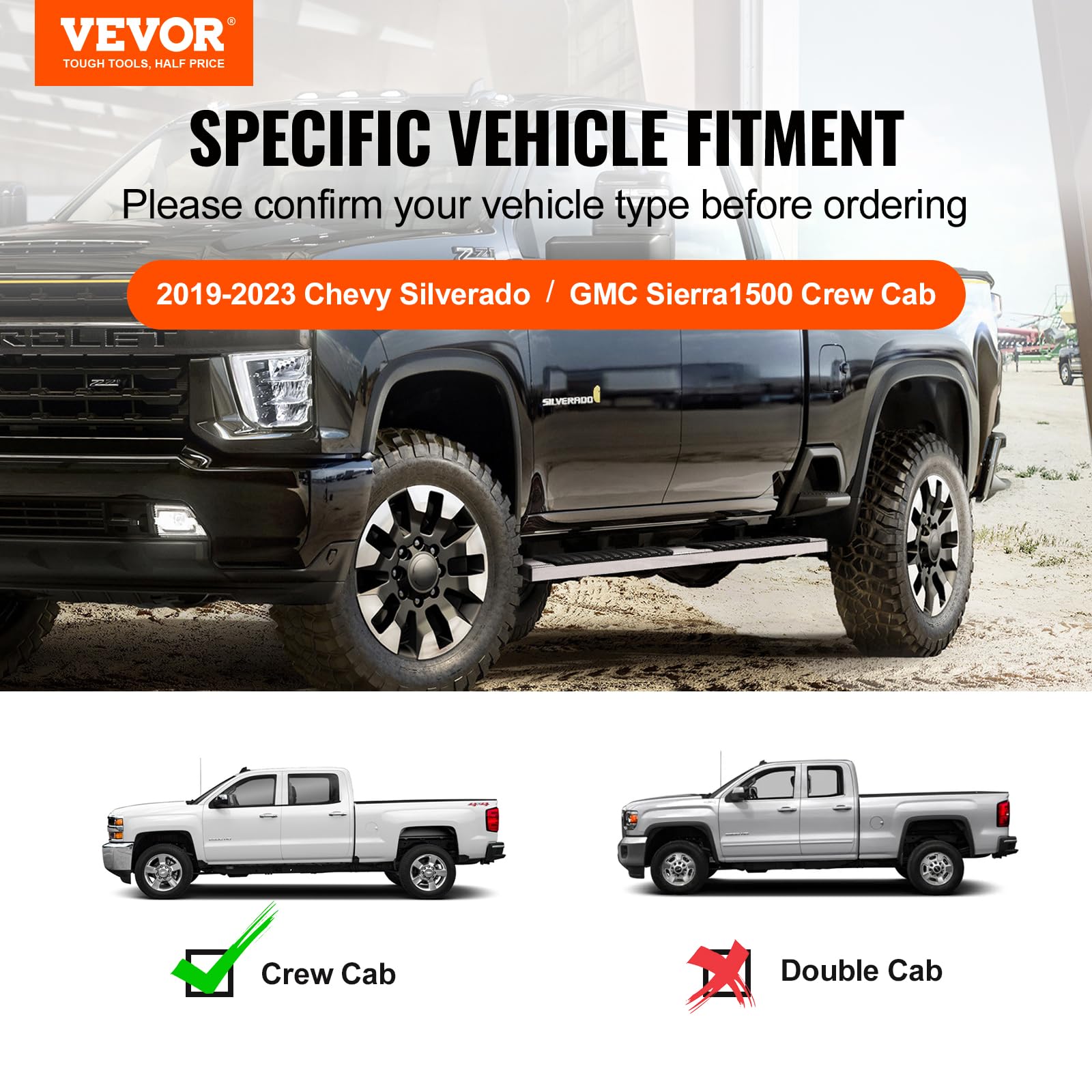 VEVOR Running Boards, 6 Step Bars Compatible with 2019-2023 Chevy Silverado/GMC Sierra 1500, 2020-2024 2500/3500HD Crew Cab, 2