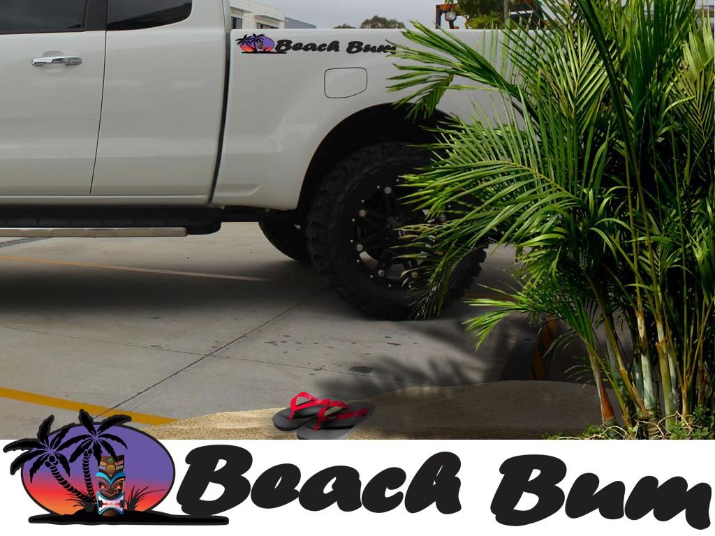 Beach Bum Decals With Tiki & Palm Tree - 2Pc Hood Decal Set - Made For: Wrangler Islander Sport Yj Tj Jk Jku X - Car Truck 4X4 Decals Stickers