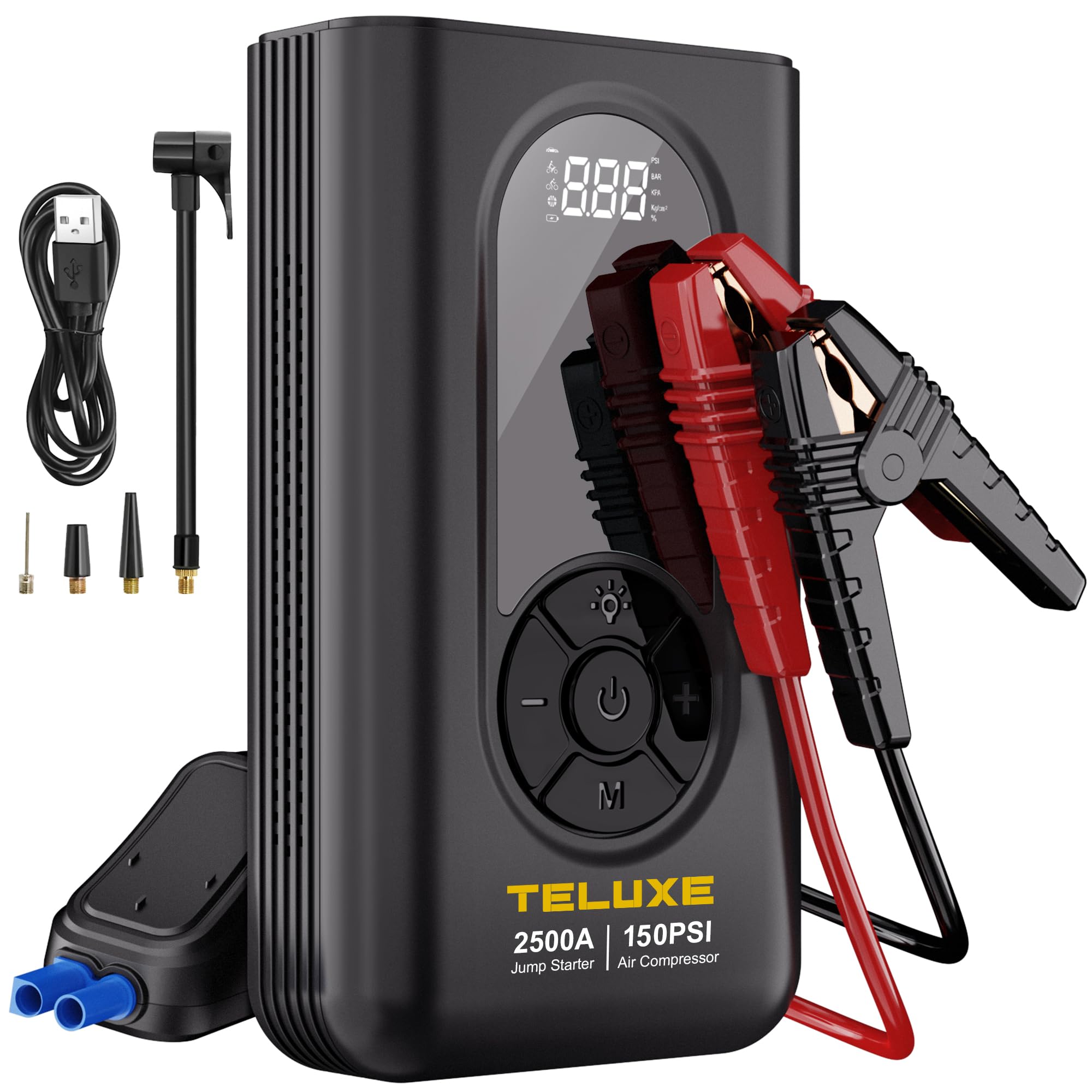 Teluxe Jump Starter With Air Compressor, 2500A 150Psi Car Battery Jump Starter With Digital Tire Inflator, 12V Lithium Jump Box