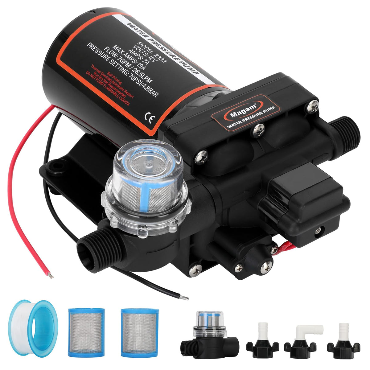 RV Fresh Water Pump, 12V DC Water Pump, 7 GPM 70 PSI Self-Priming Diaphragm Pump with Pressure Switch and Strainer, Suitable for