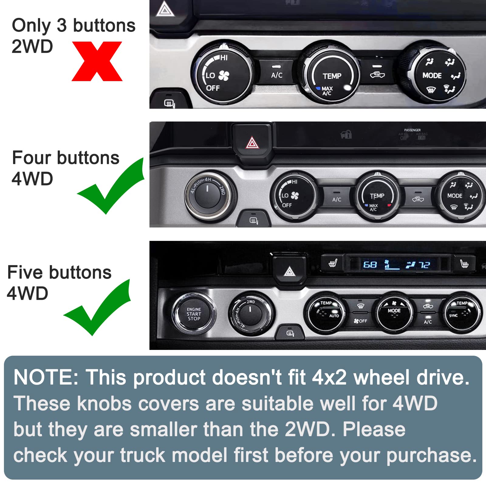Jkcover Interior Decorated Button Knob Covers Compatible With Toyota Tacoma 2016-2019 2020 2021 2022 2023, 4Wd Temp Air Conditio
