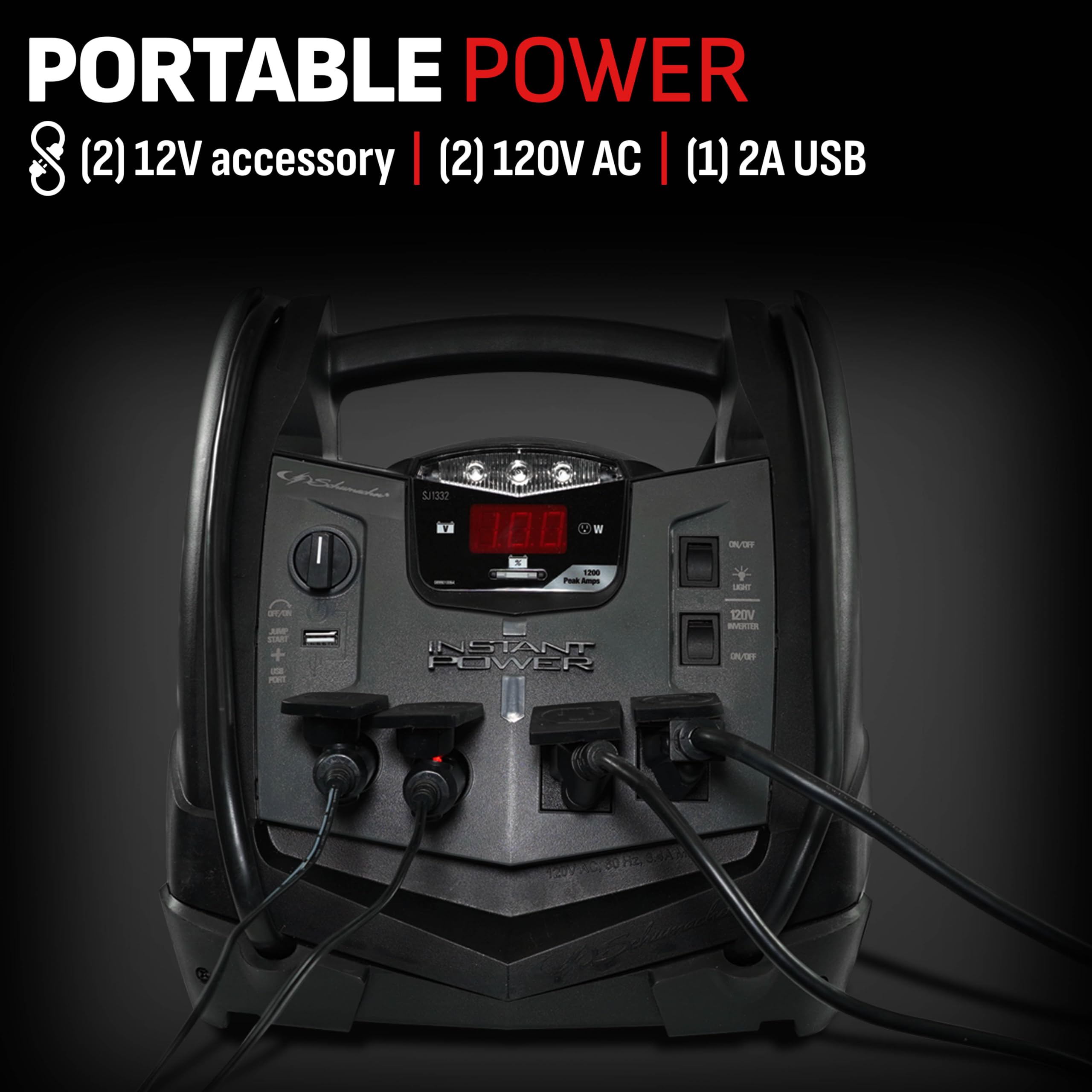 Schumacher Electric Sj1332 6-In-1 Portable Power Station And Jump Starter With 150-Psi Air Compressor And 200 Continuous/400 Peak Watt Power Inverter, 1200 Peak Amps, 12 Volts, Black, 1 Unit