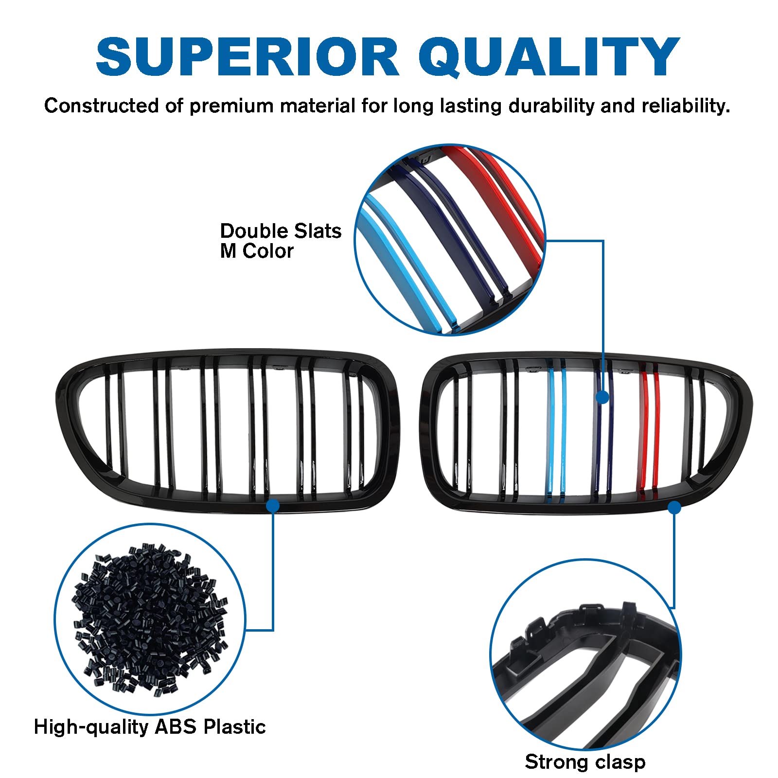 BILLDIO F10 M Color Front Kidney Grille for 2010-2017 BMW 5 Series, Double Slats, Plastic, Model FDEX050AD