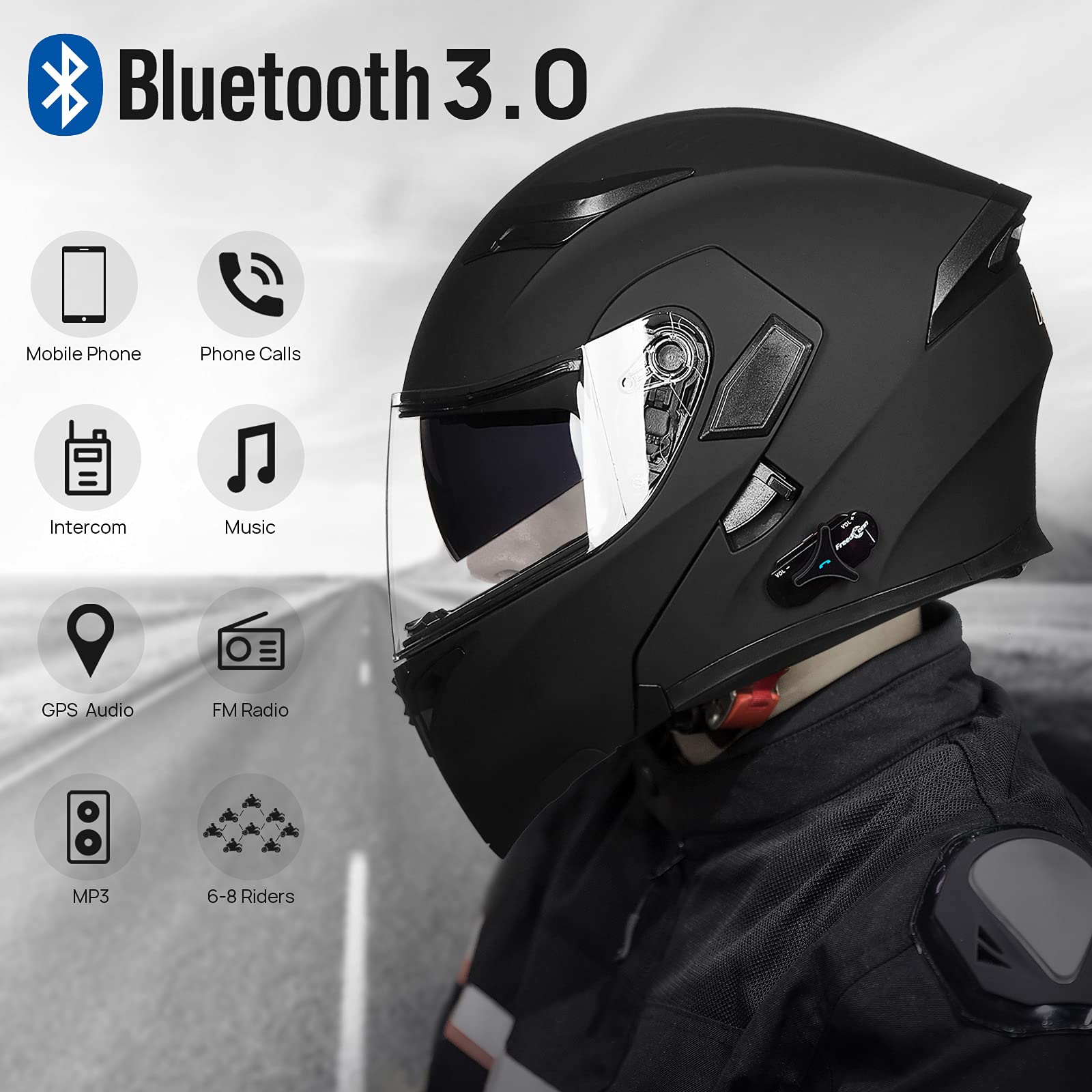 Ilm Bluetooth Motorcycle Helmet Modular Flip Up Full Face Dual Visor 6 Riders Group Intercom Mp3 Fm Radio Dot Model 902Bt Pro(Ma