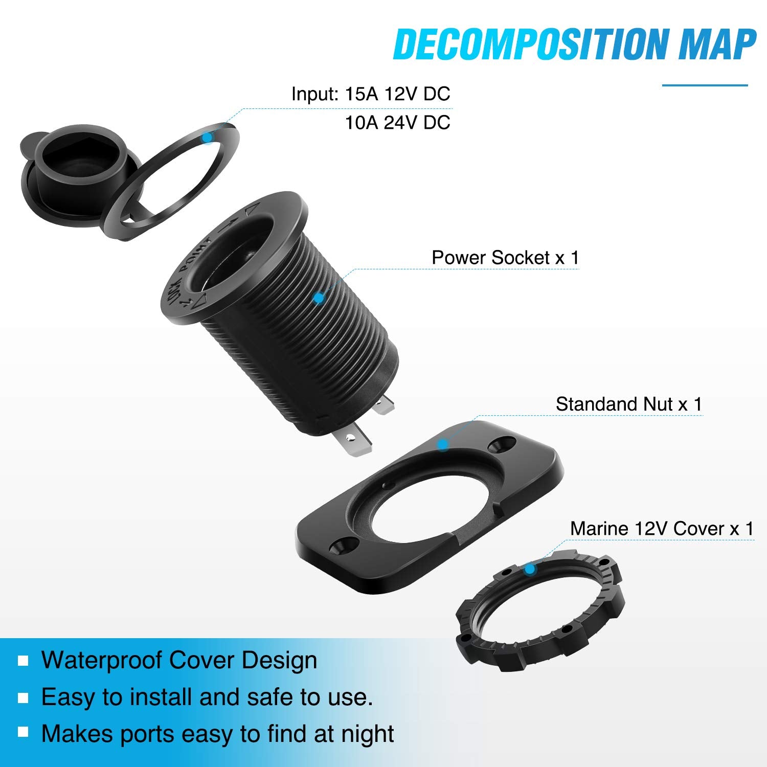 Nilight 2 Pack Car Cigarette Lighter Socket DC 12V Waterproof Power Outlet Adapter Replacement with Terminals Wires and Screws f