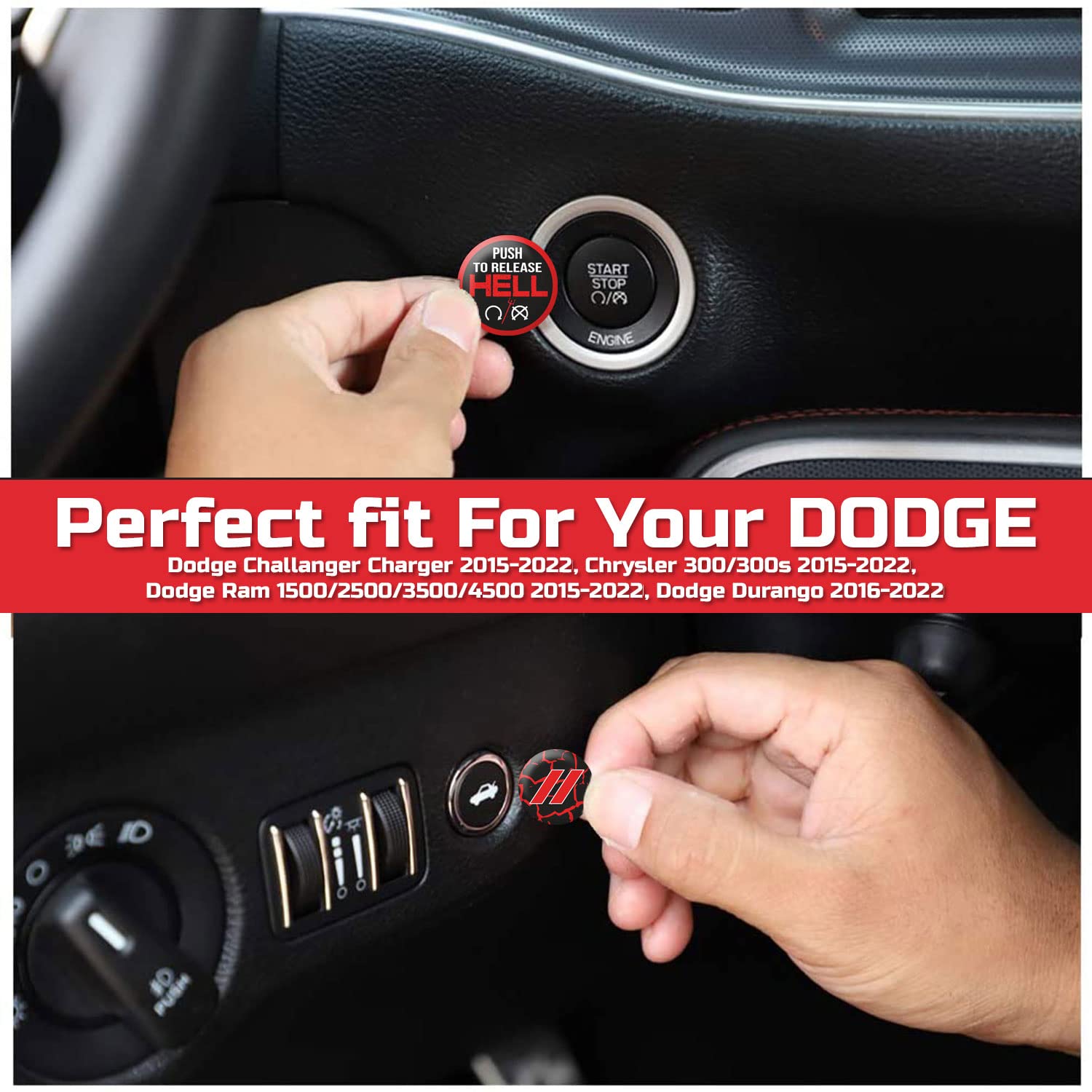 Toolepic For Dodge Ram 1500 Challenger Charger Durango Accessories 2015-2024 - Engine Cover Start Stop Button Overlay Ruby Red Sticker Emblem - Push To Release Hell Badge Style - Perfect For Decals