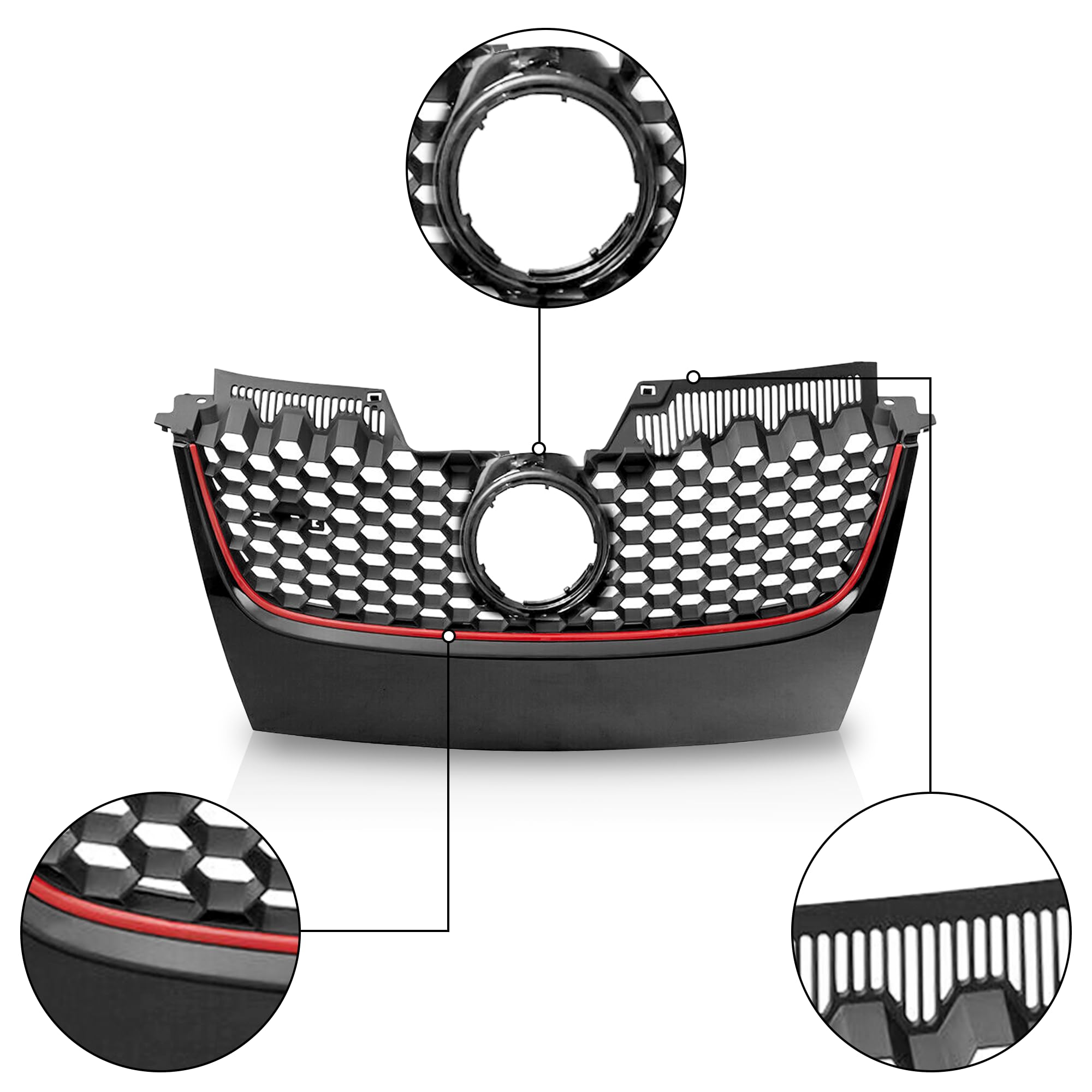 Partsflow Front Upper Main Black W/Red Trim Mesh Grille For 2006 2007 2008 2009 Volkswagen VW GTI For 2006 2007 2008 2009 Volksw