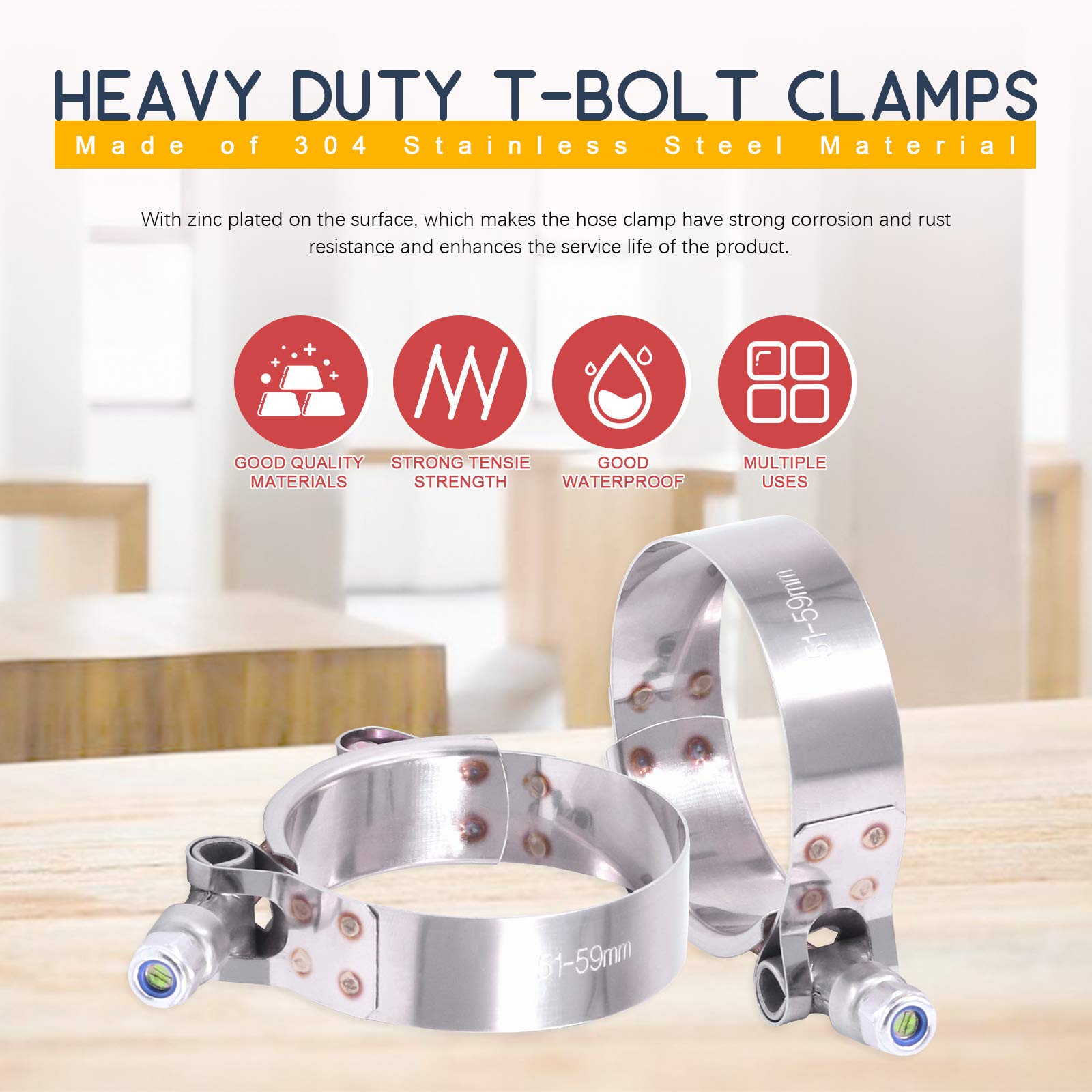 Hilitchi 5Pcs Stainless Steel T-Bolt Clamps With Rounded Band Edges Heavy Duty Turbo Intake Intercooler Clamp (51-59Mm) For 1 3/