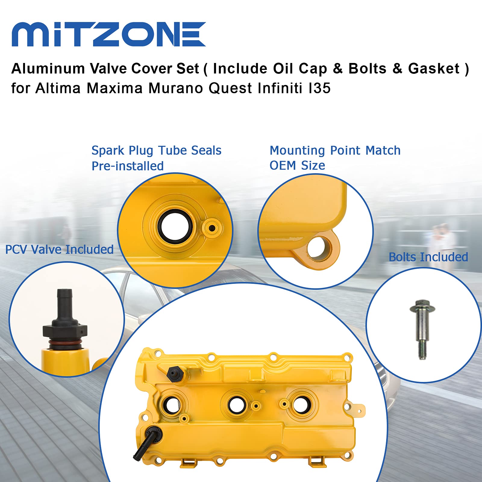 Mitzone Upgrade Aluminum Valve Covers (Yellow) Front& Rear Compatible With 2002-2009 Nissan Altima Maxima Murano Quest Infiniti