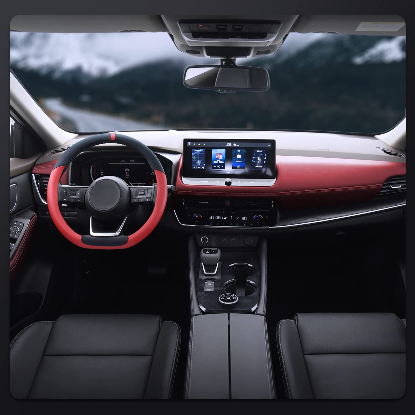 Seg Direct Flat Bottom Steering Wheel Cover, D Shaped Car Wheel Cover 14 1/2-15 In. (37-39 Cm), Black Red Microfiber Leather