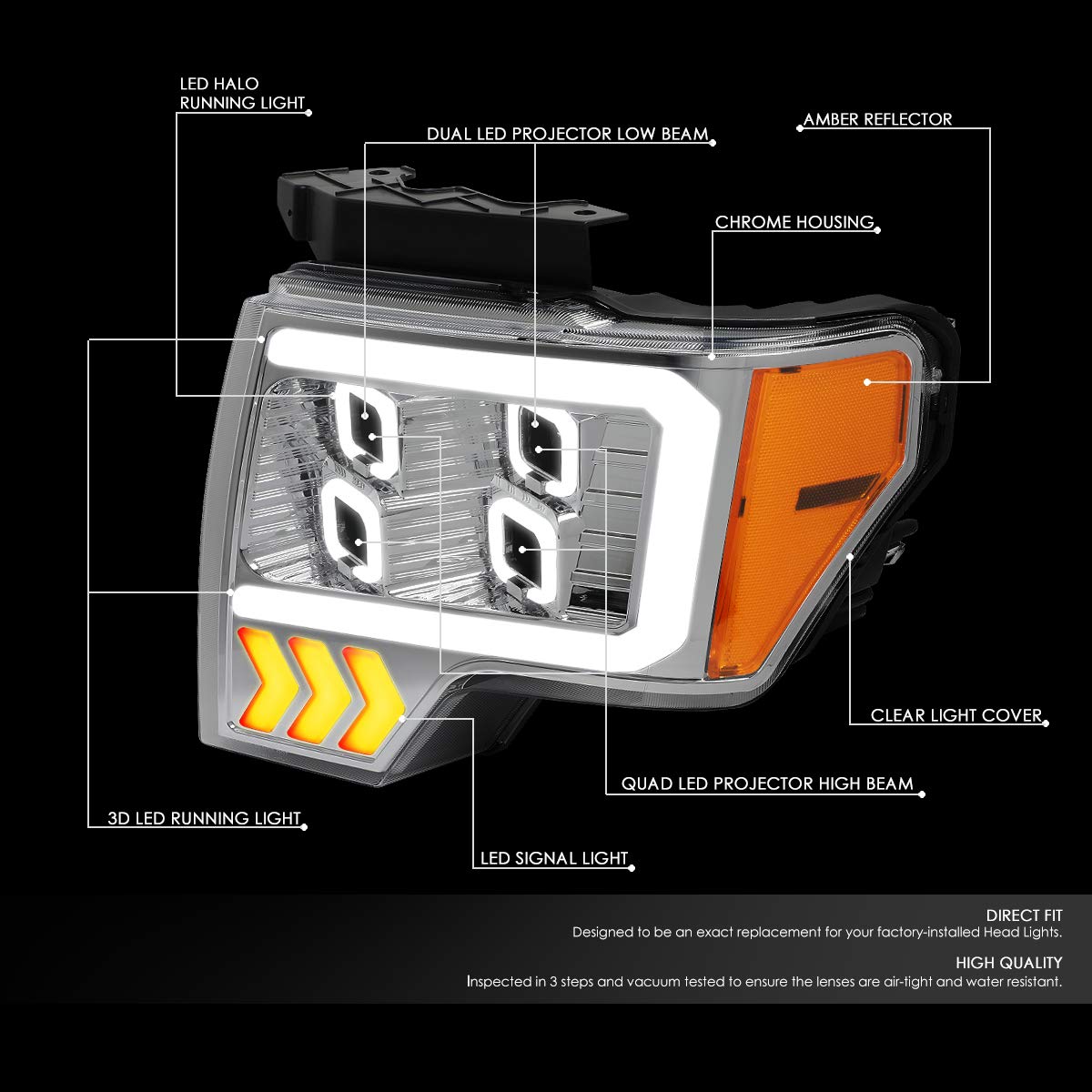 Dna Motoring Hl-Lb-T8-F15009-Ch-Am Pair Auto Update Led Effect Drl Quad Projector Headlight Replacement For 09-14 F150, Chrome/A