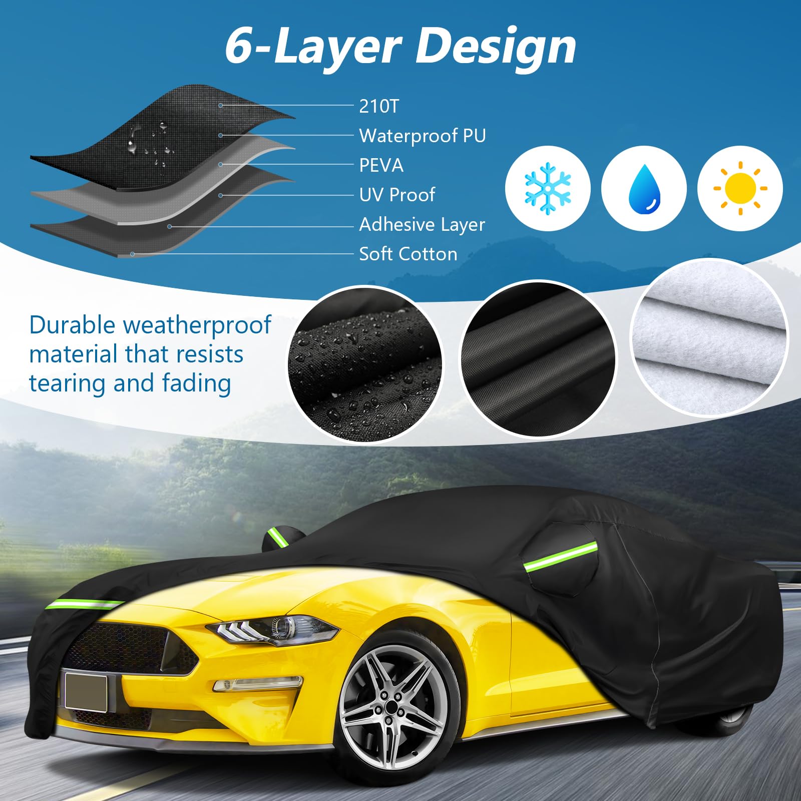 For Mustang Full Car Cover Waterproof All Weather, Outdoor Car Covers With Soft Cotton Lining Windproof Heavy Duty Protection Compatible With 1994-2023 Mustang Gt/Shelby/Cobra/Bullitt/Ecoboost