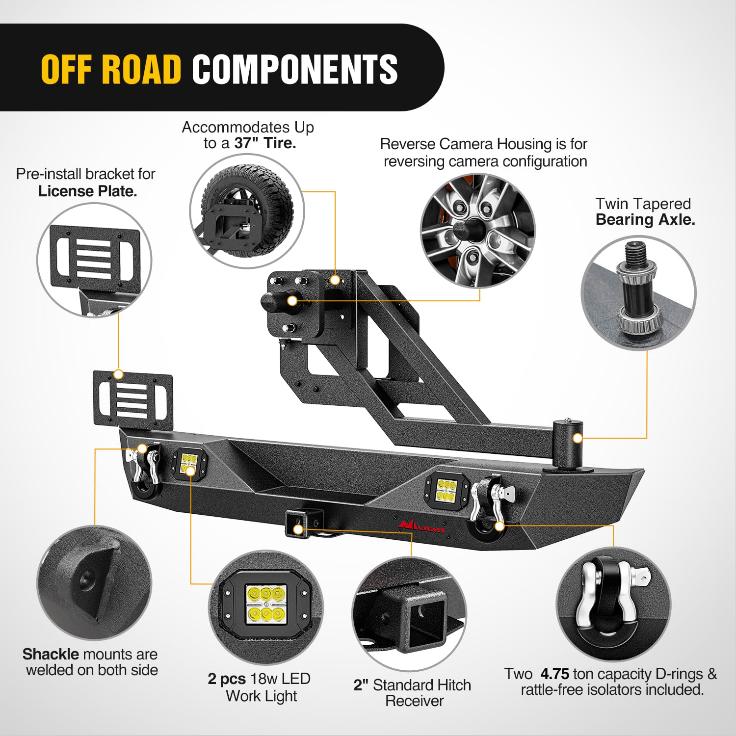 Nilight Rear Bumper With Spare Tire Carrier Compatible For 2018-2025 Wrangler Jl Jlu Unlimited(2/4 Doors) 2'' Hitch Receiver W L