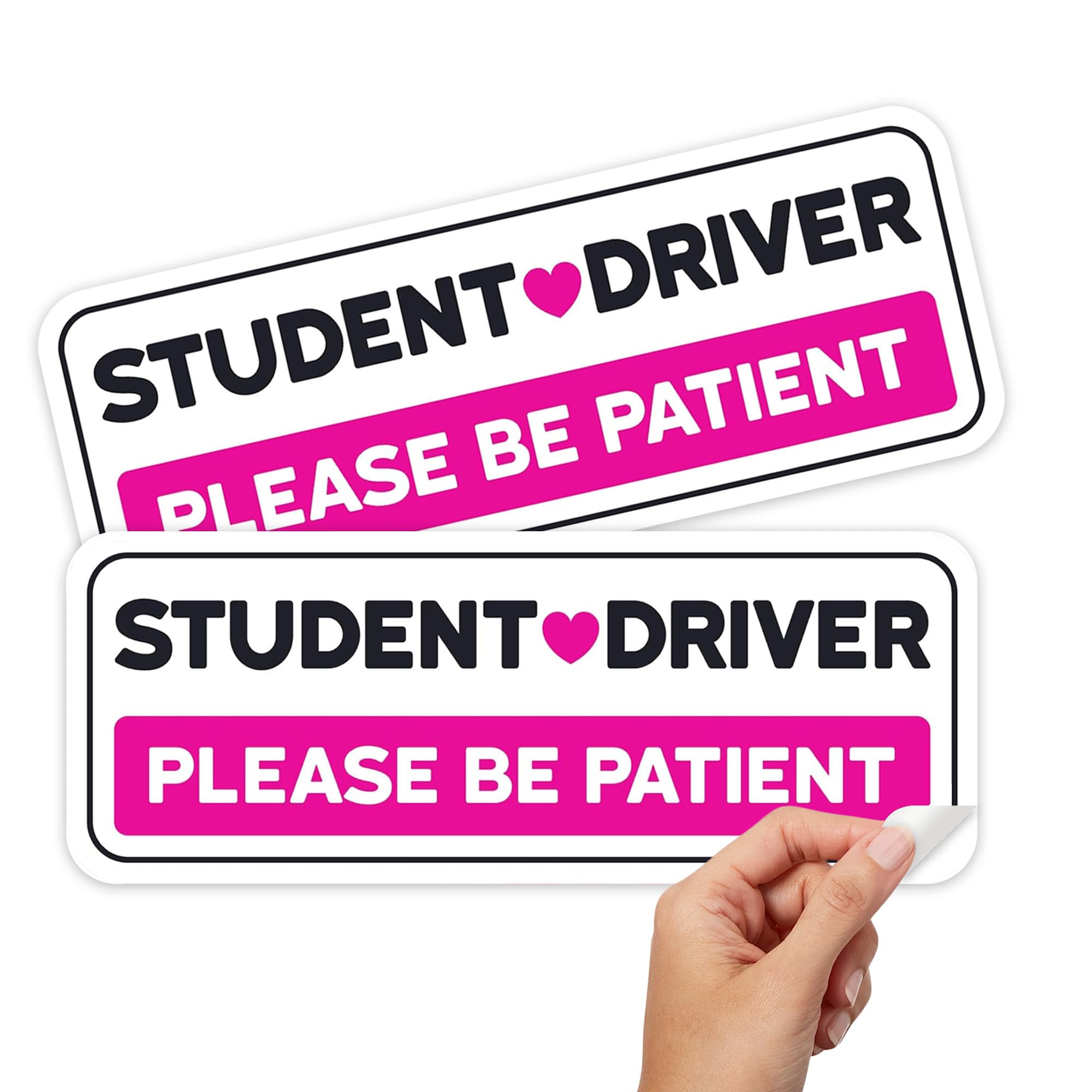 Stickios Student Driver Sticker: Non-Magnetic Removable Cute Pink Vinyl Decal Please Be Patient Sign For Cars & Windows (10.4X4