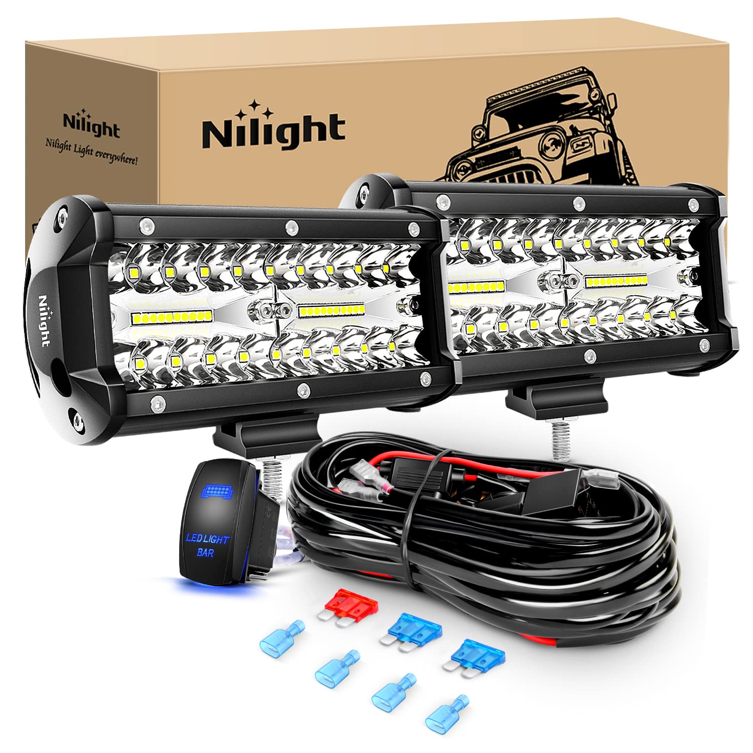 Nilight 6.5Inch 2Pcs 120W Spot & Flood Combo Bar Driving Waterproof Led Work Light Triple Rows With 5 Pin Rocker Switch Power 16
