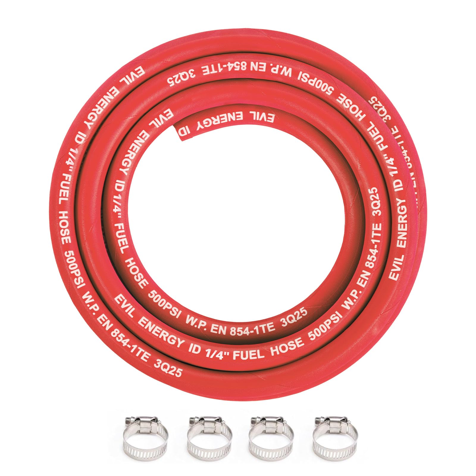 EVIL ENERGY 1/4 High Pressure Fuel Line Hose 10FT 500PSI E85 for Fuel Systems Engines NBR Rubber EN854-1TE Red