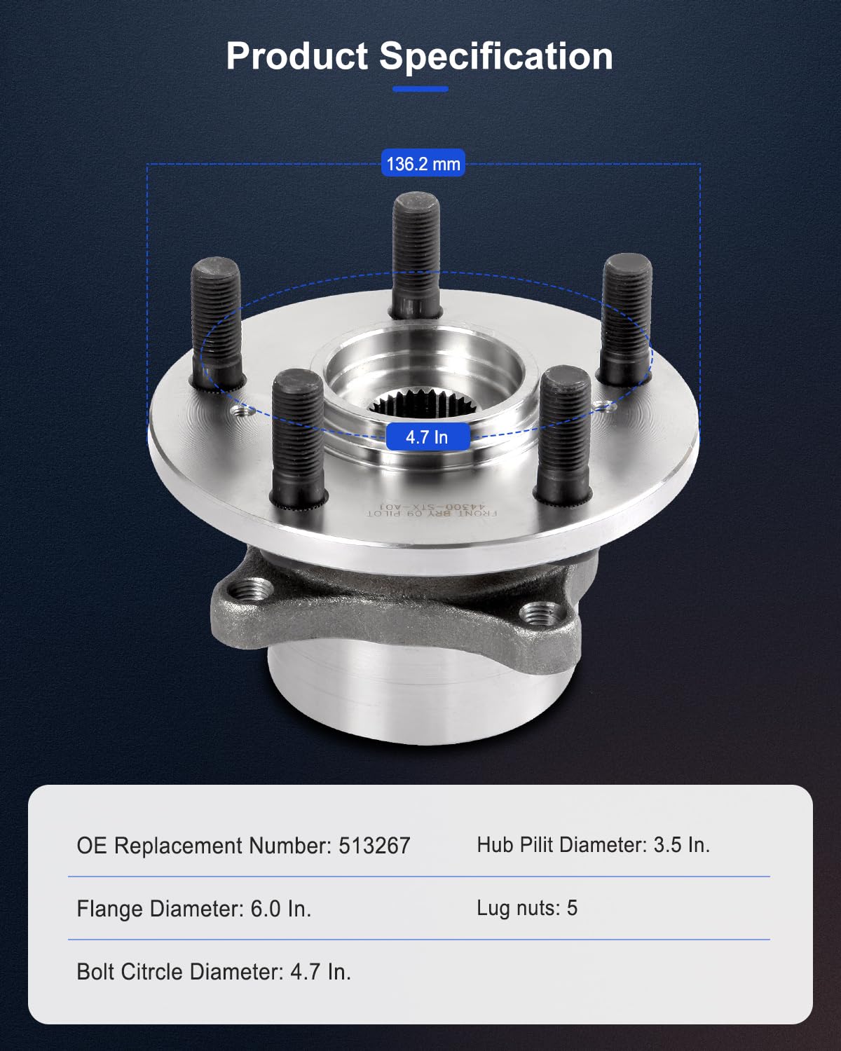 ECCPP Replacement For Wheel Bearing Hub 513267 Hub Bearing Assembly Hub Assemblies Front Axle 5 Lugs For Acura MDX Base Model V6