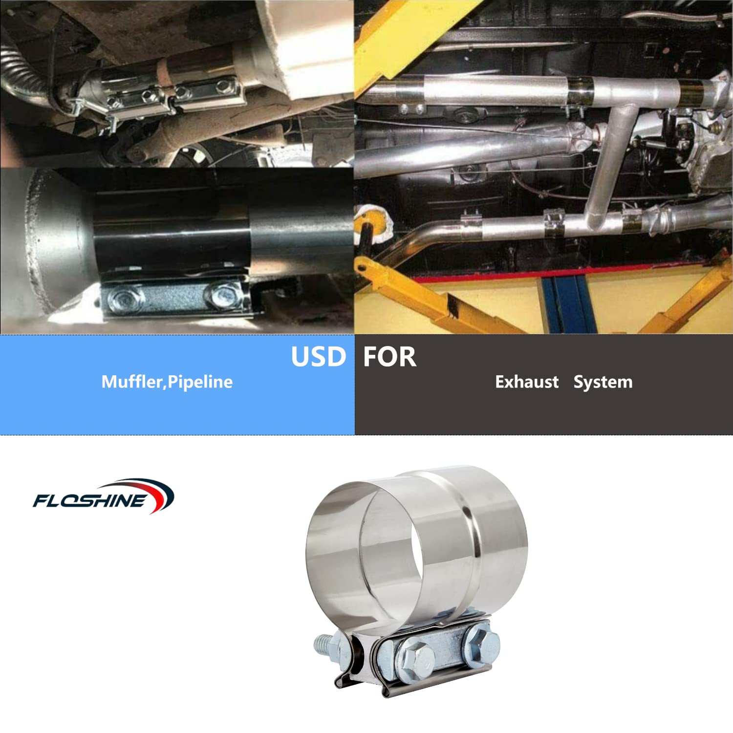 Floshine 2.5 In Lap Joint Band Clamps,Exhaust Muffler Clamp 2 Pcs,2.5 Exhaust Pipe Clamps Preformed Stainless Steel
