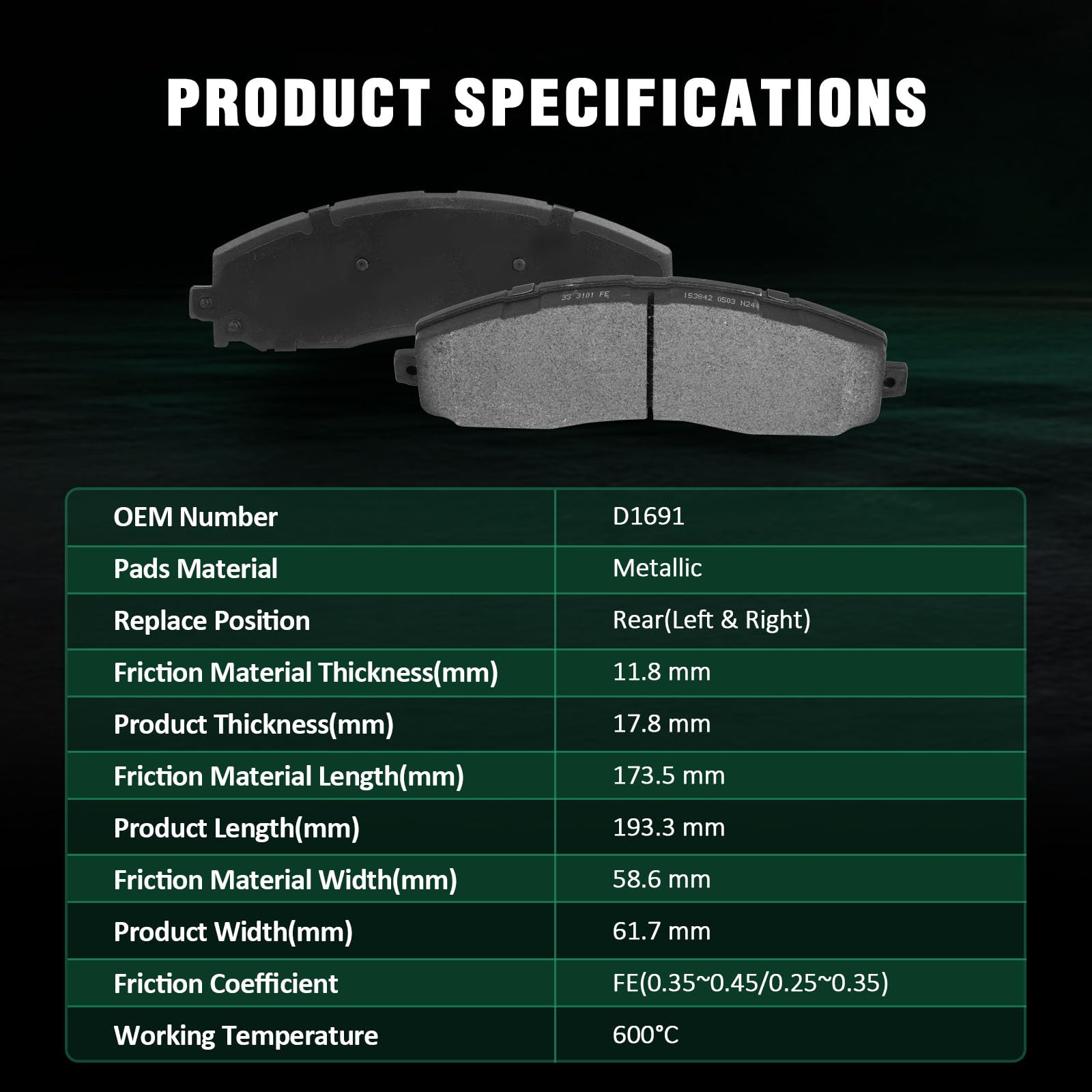 Automuto 4Pcs Rear Metallic Disc Brake Pads Set D1691 For Ford For F-250 Super Duty 2013-2021,For Ford For F-350 Super Duty 2013