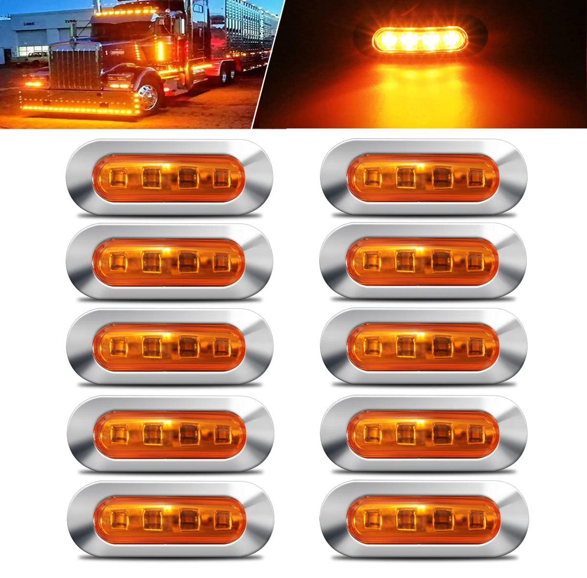 Alfu 10Pcs Amber Dc12V-24V 4 Led Side Marker Indicator Lights Lamp Front Rear Tail Clearance Lamp Interior Lights With Chrome Be