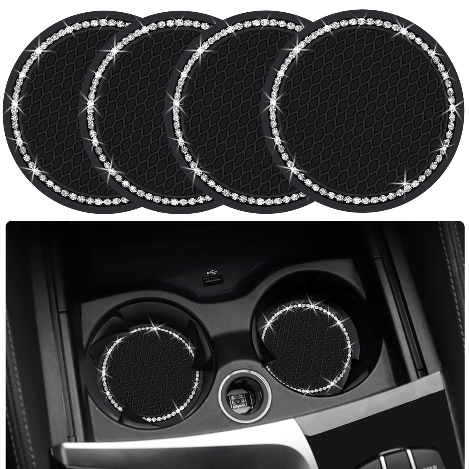 4Pcs 2.75 Inch Bling Auto Car Cup Holder Insert Coasters Silicone Anti-Slip Crystal Rhinestone Drink Car Cup Mat, Universal Vehi