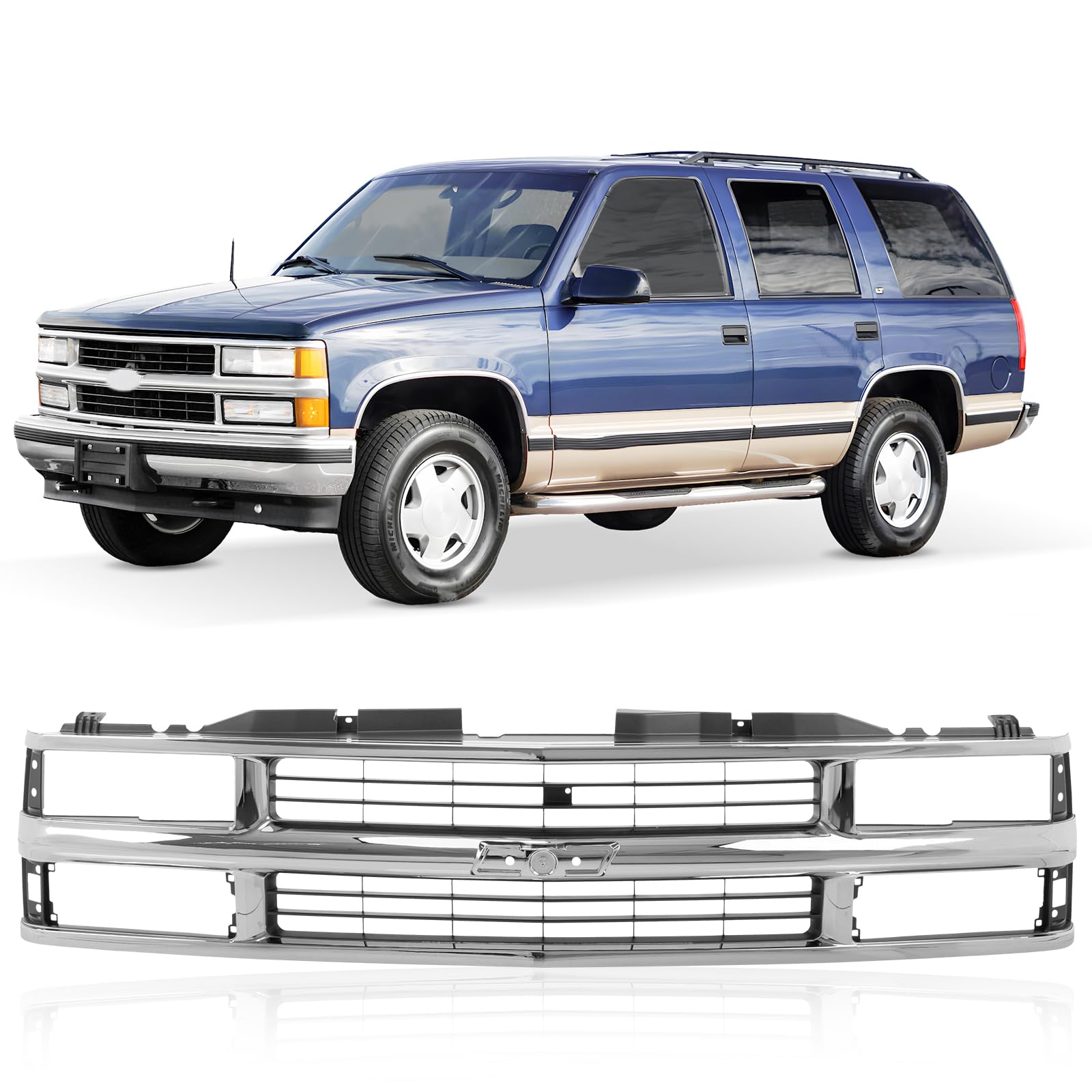 Carpartsdepot Front Grille Grill Chrome Shell With Black Insert Compatible With Chevrolet 1994-2000 C/K 1500 2500 3500 Tahoe Bla