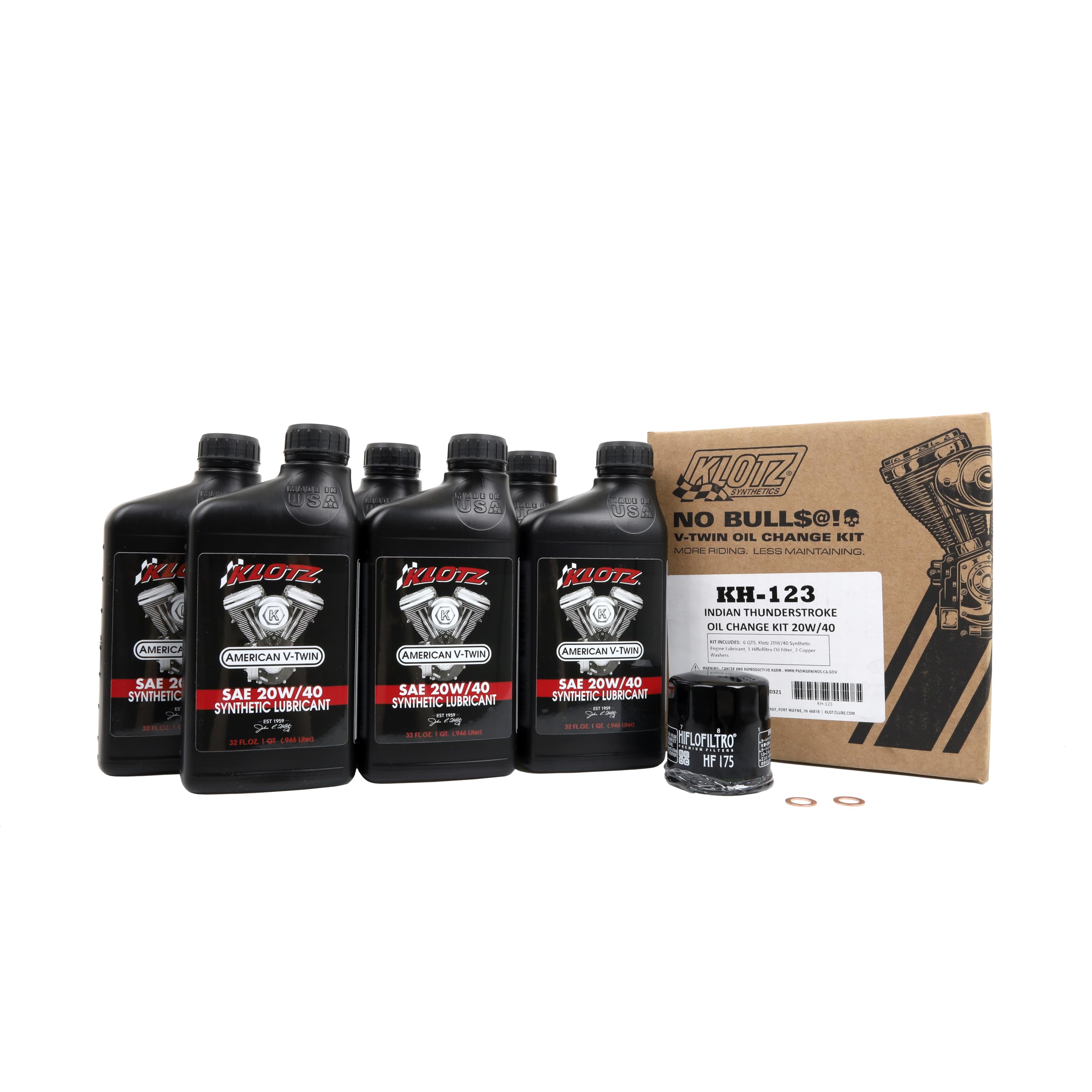 Klotz 20W-40 Synthetic Oil Change Kit for Indian Thunderstroke V-Twin Motorcycle (6 Quarts), 1 Filter, 2 Washers - KH-123