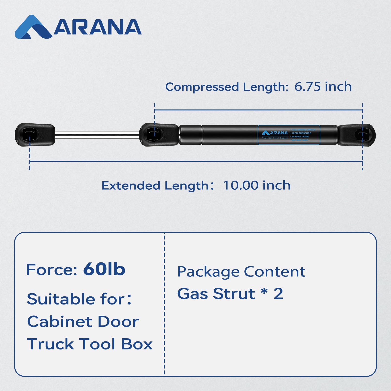 Arana C16-15051 10 '' 60Lb Gas Struts Spring Shocks 10 Inch Lift Support For The Truck Tool Box Pickup Toolbox Lids Boat Rod Loc