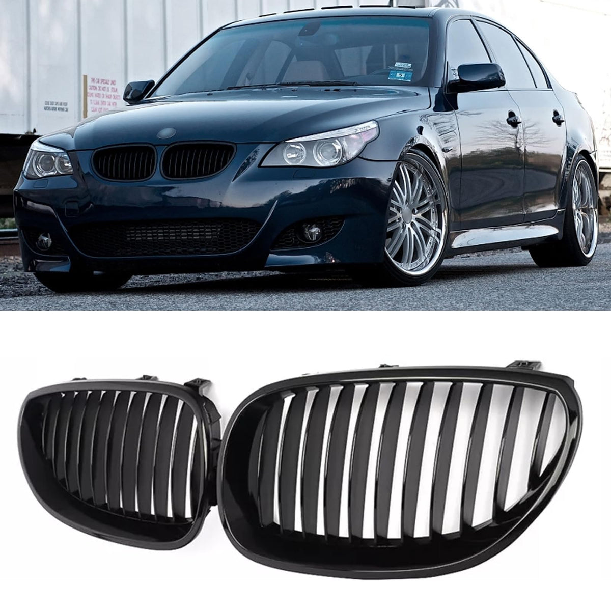 AceRide E60 Grille Front Bumper Kidney Grill Compatible with BMW 5-Series E60 E61 2004-2009 Single Slat Grills(Gloss Black)