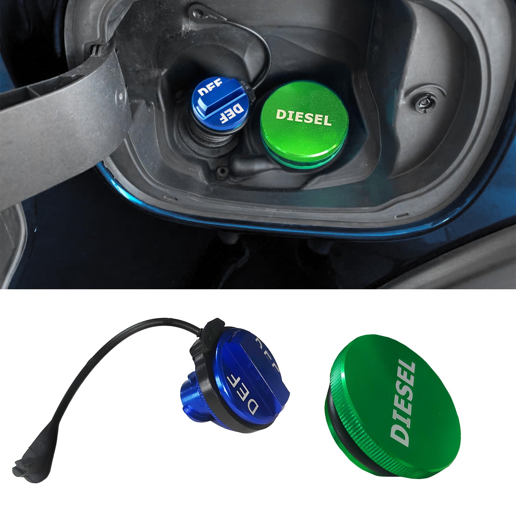 RGOAANC Diesel Fuel Cap for Dodge Ram, Fuel Tank Cap, Magnetic Green Diesel Fuel Cap and Anti-lost rope-Non-magnetic Blue DEF Ca