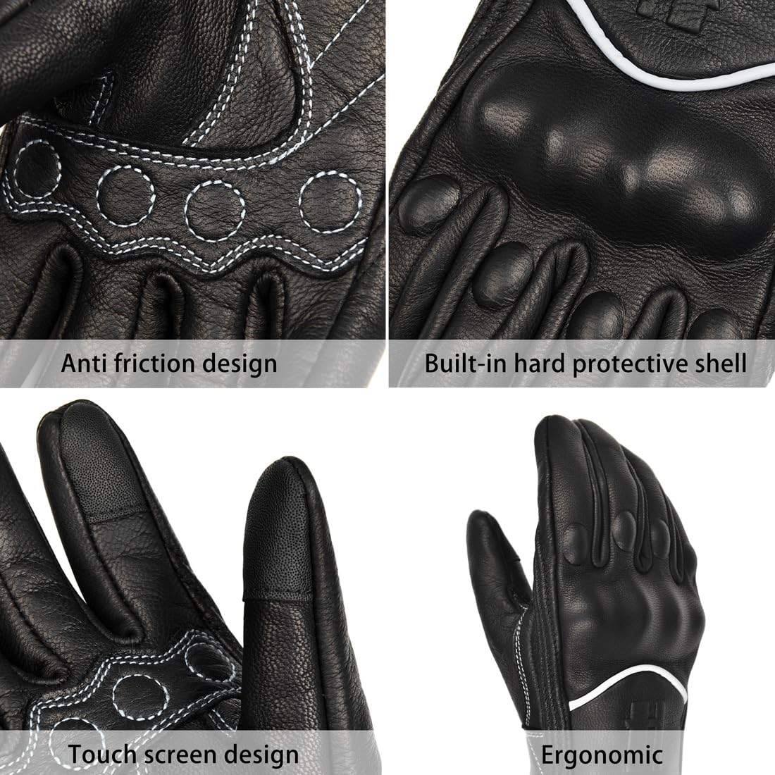 Harssidanzar Leather Motorcycle Gloves For Men Touchscreen Riding Driving Gloves Gm028, Black/White, Size Medium