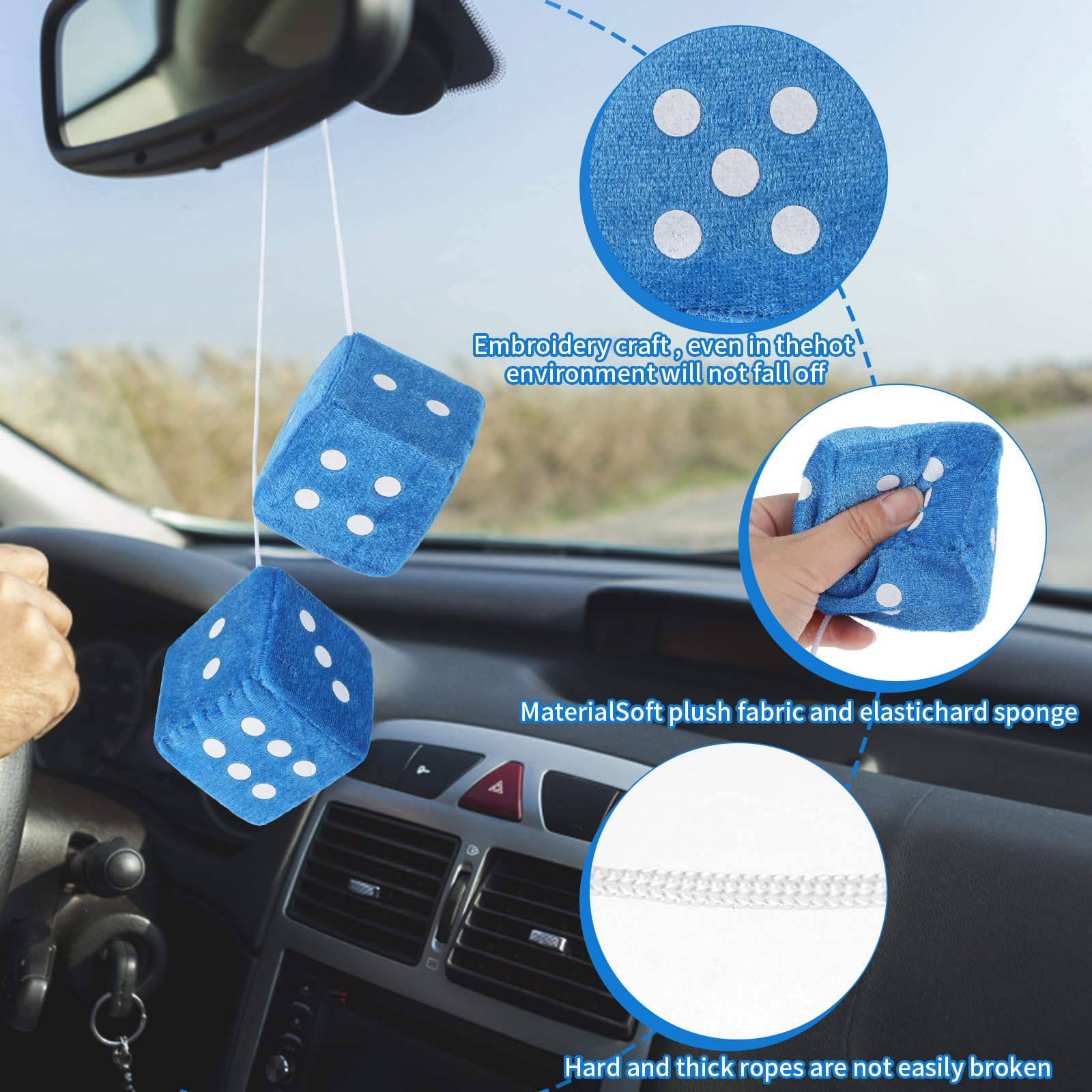 Fuzzy Dice For Rear View Mirror, Blue Fuzzy Dice For Car Mirror, 2.75Inch Pair Of Plush Retro Square Hanging Dice With White Dot
