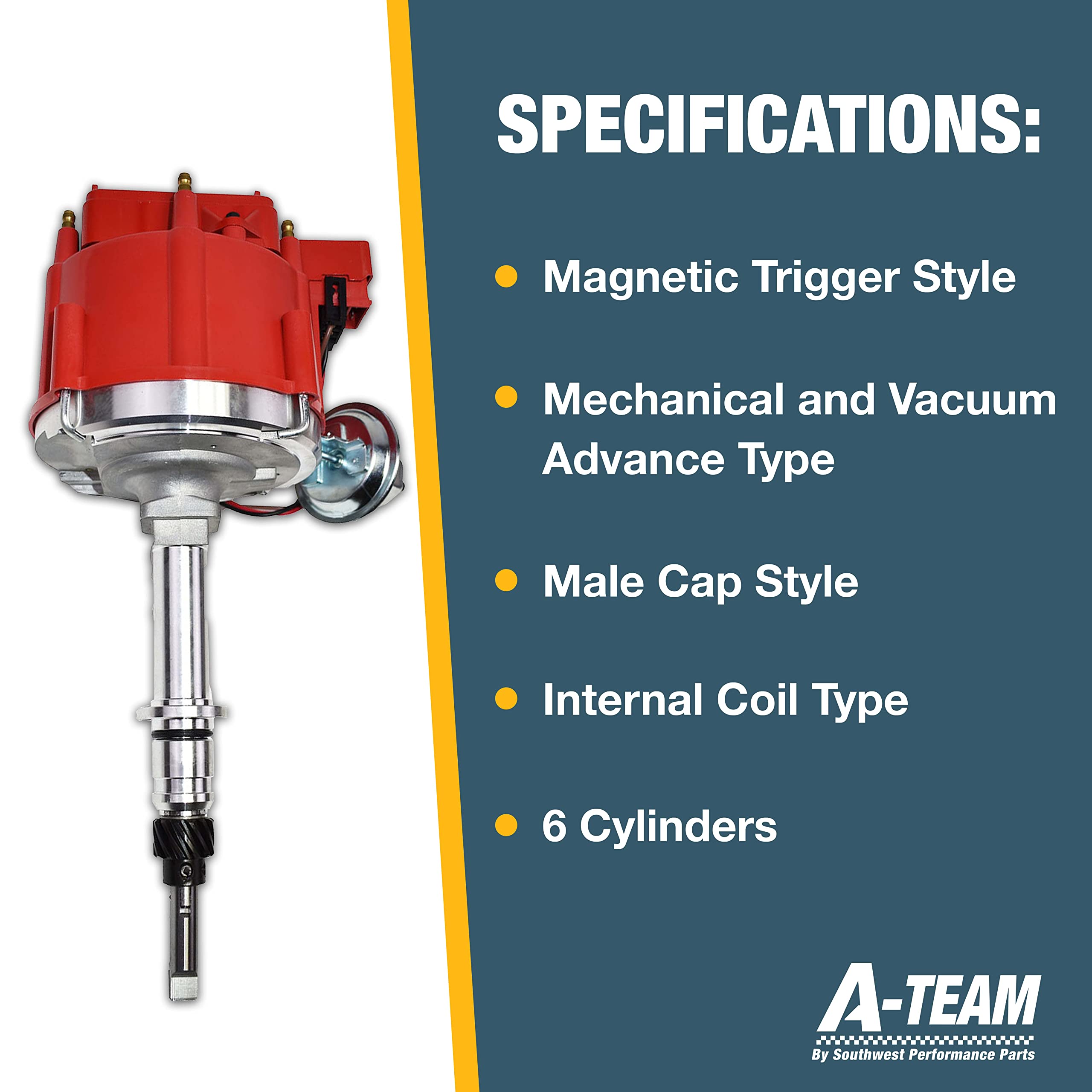 A-Team Performance - Complete HEI Distributor 65K Coil 7500 RPM - Compatible With Chevrolet Chevy GM GMC Truck Late Model Inline 6 Cylinder 230 250 292 One Wire Installation Red Cap